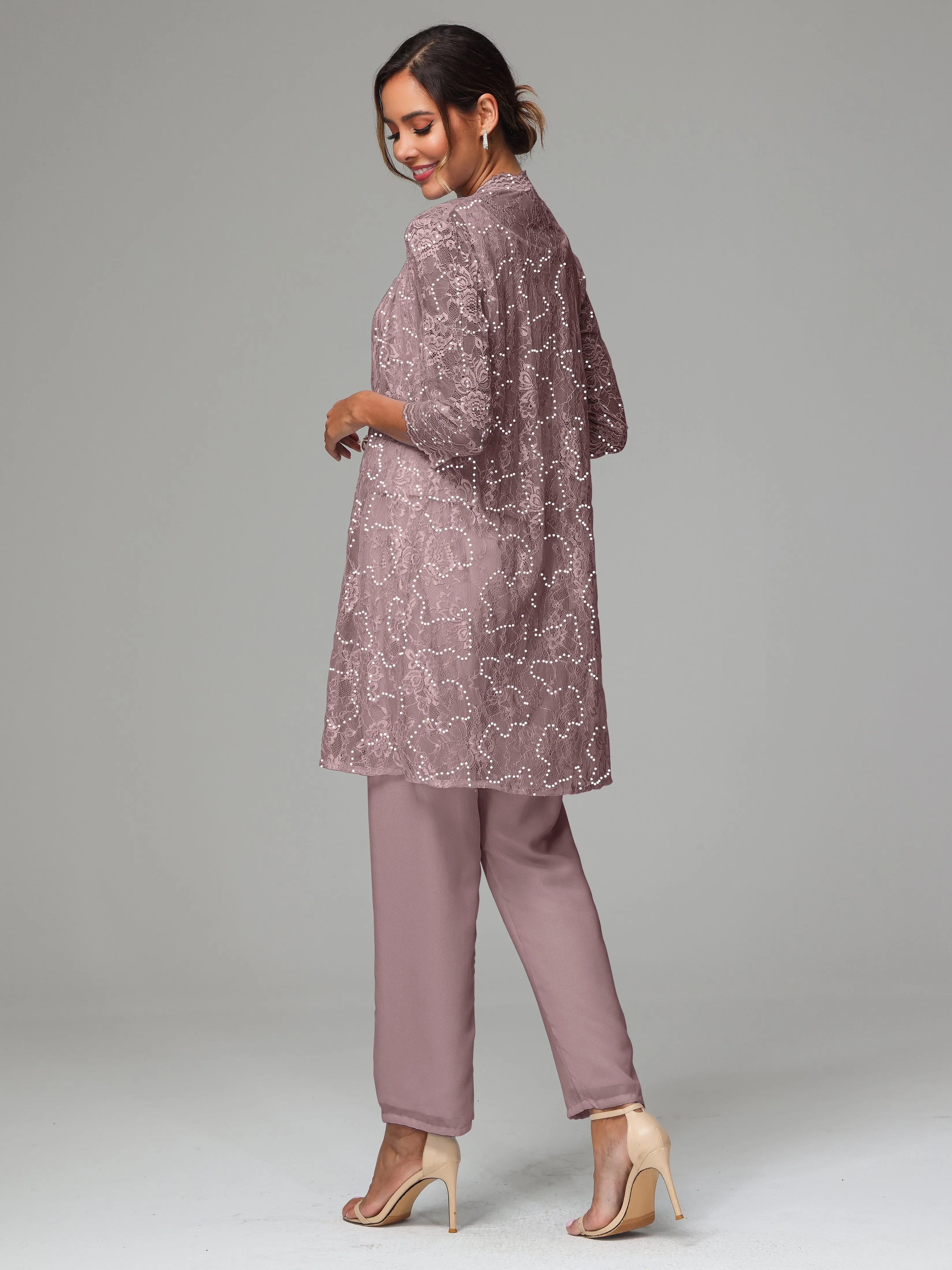 Chic Chiffon Lace 3 Pieces Long Sleeves Mother Of The Bride Dress Pants Suits
