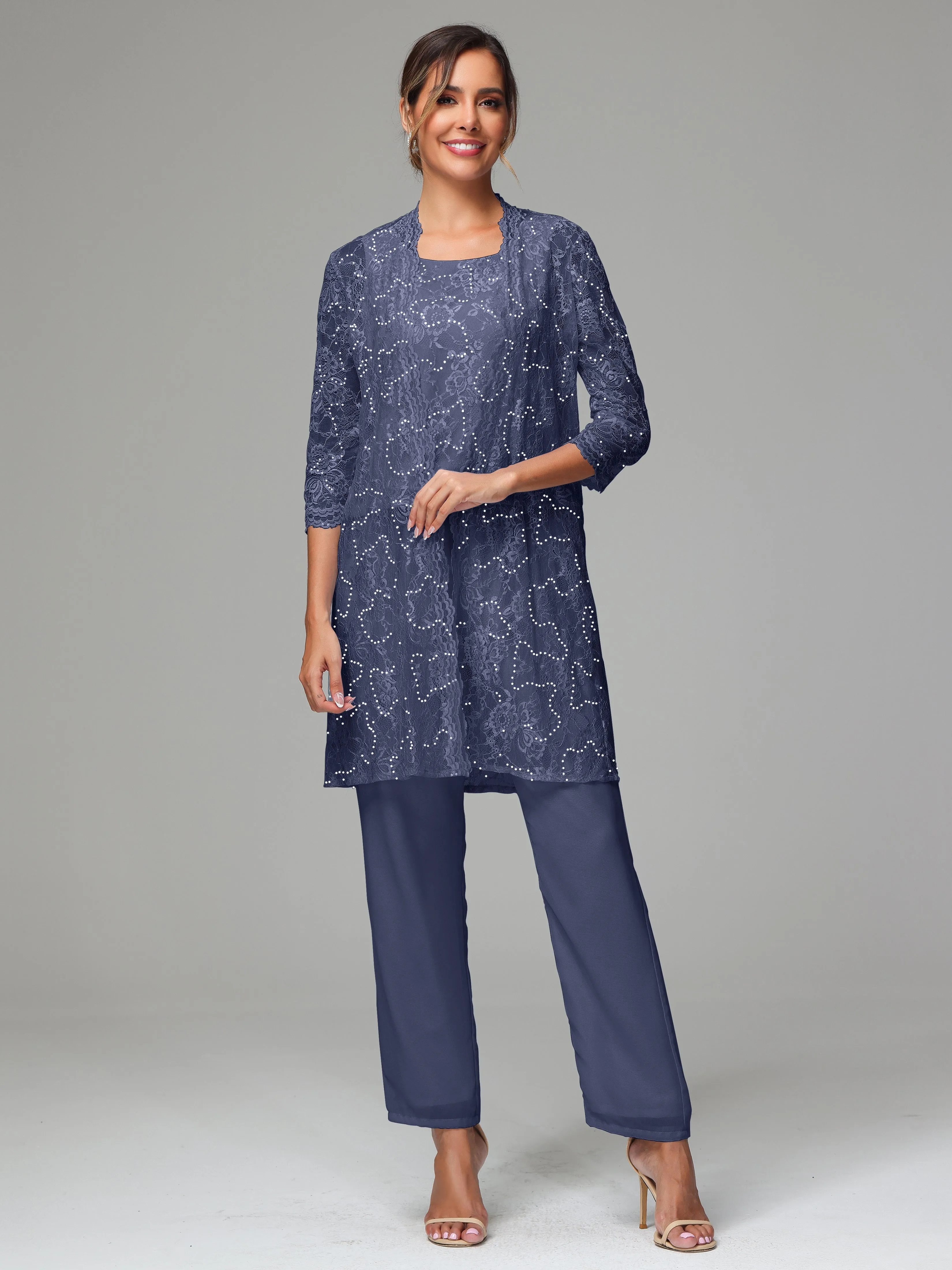 Chic Chiffon Lace 3 Pieces Long Sleeves Mother Of The Bride Dress Pants Suits