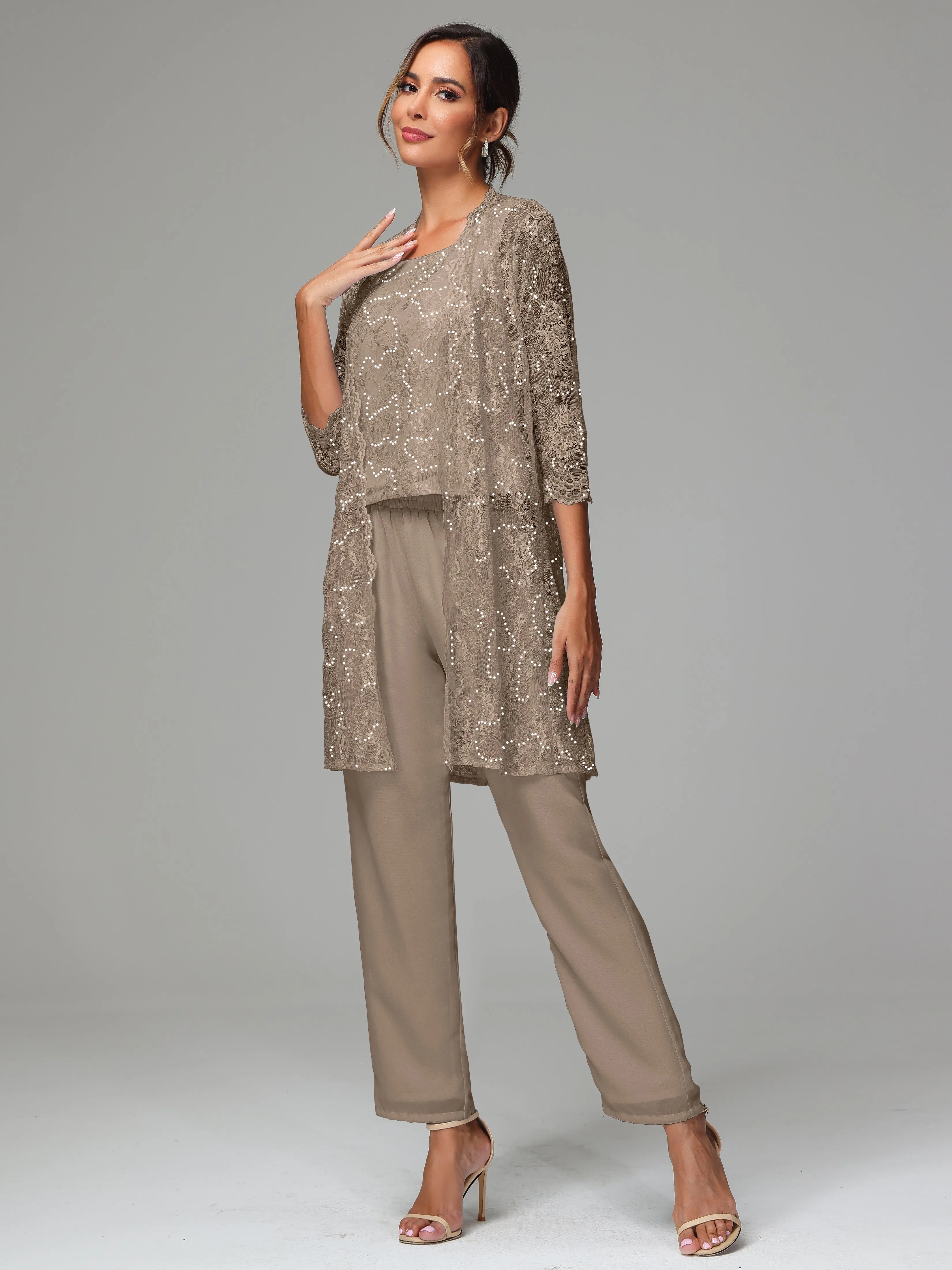 Chic Chiffon Lace 3 Pieces Long Sleeves Mother Of The Bride Dress Pants Suits