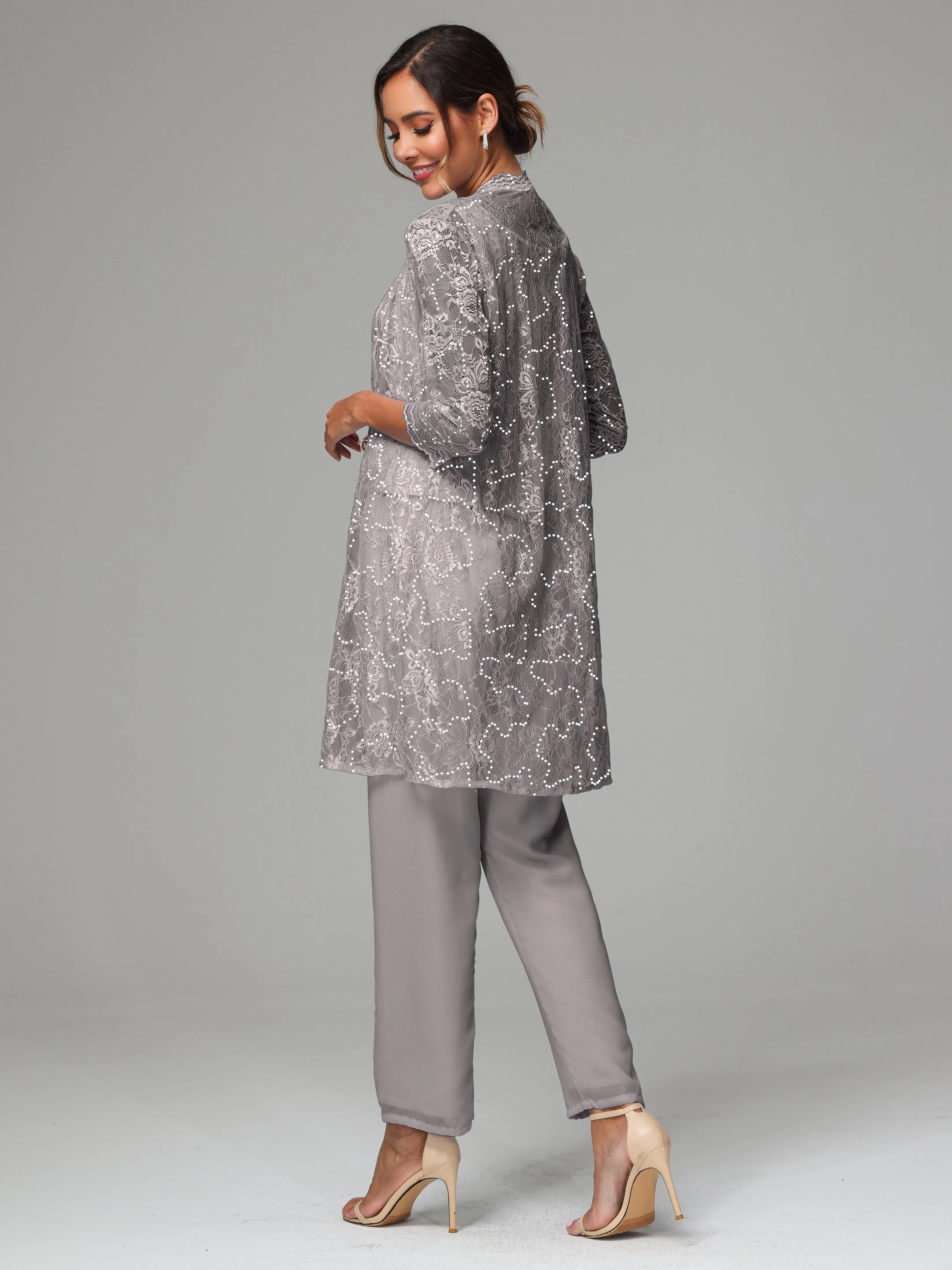 Chic Chiffon Lace 3 Pieces Long Sleeves Mother Of The Bride Dress Pants Suits