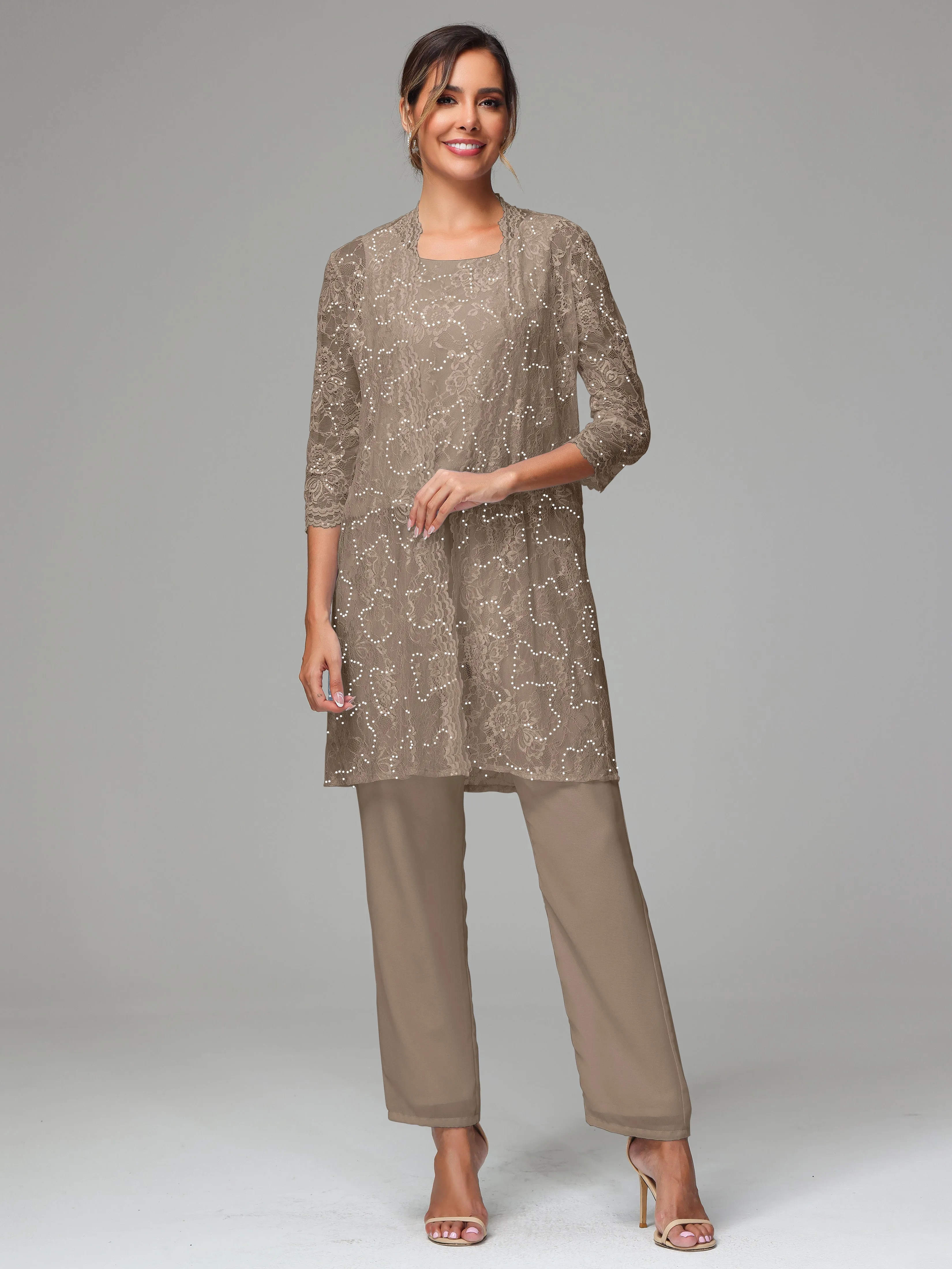 Chic Chiffon Lace 3 Pieces Long Sleeves Mother Of The Bride Dress Pants Suits