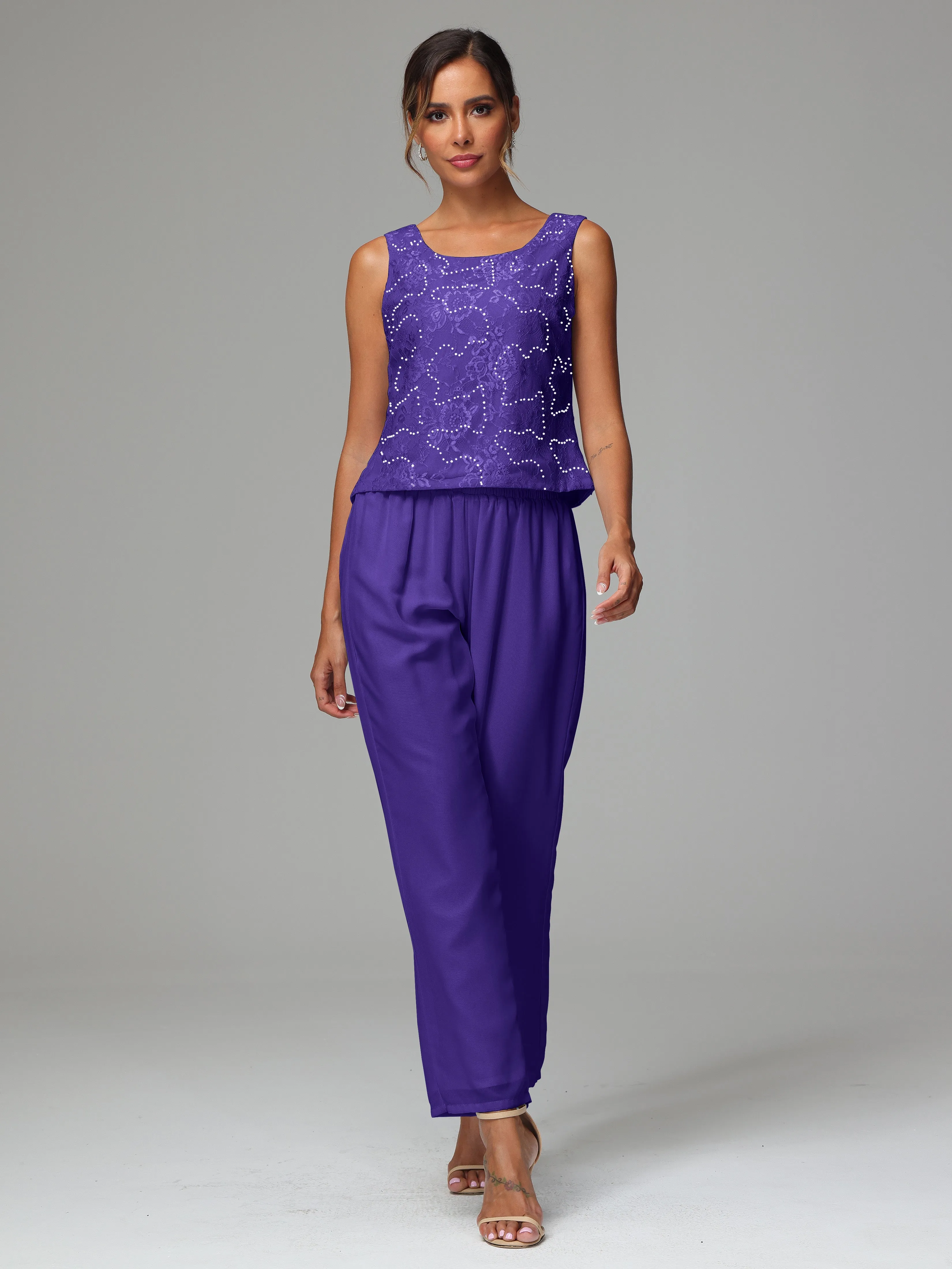 Chic Chiffon Lace 3 Pieces Long Sleeves Mother Of The Bride Dress Pants Suits