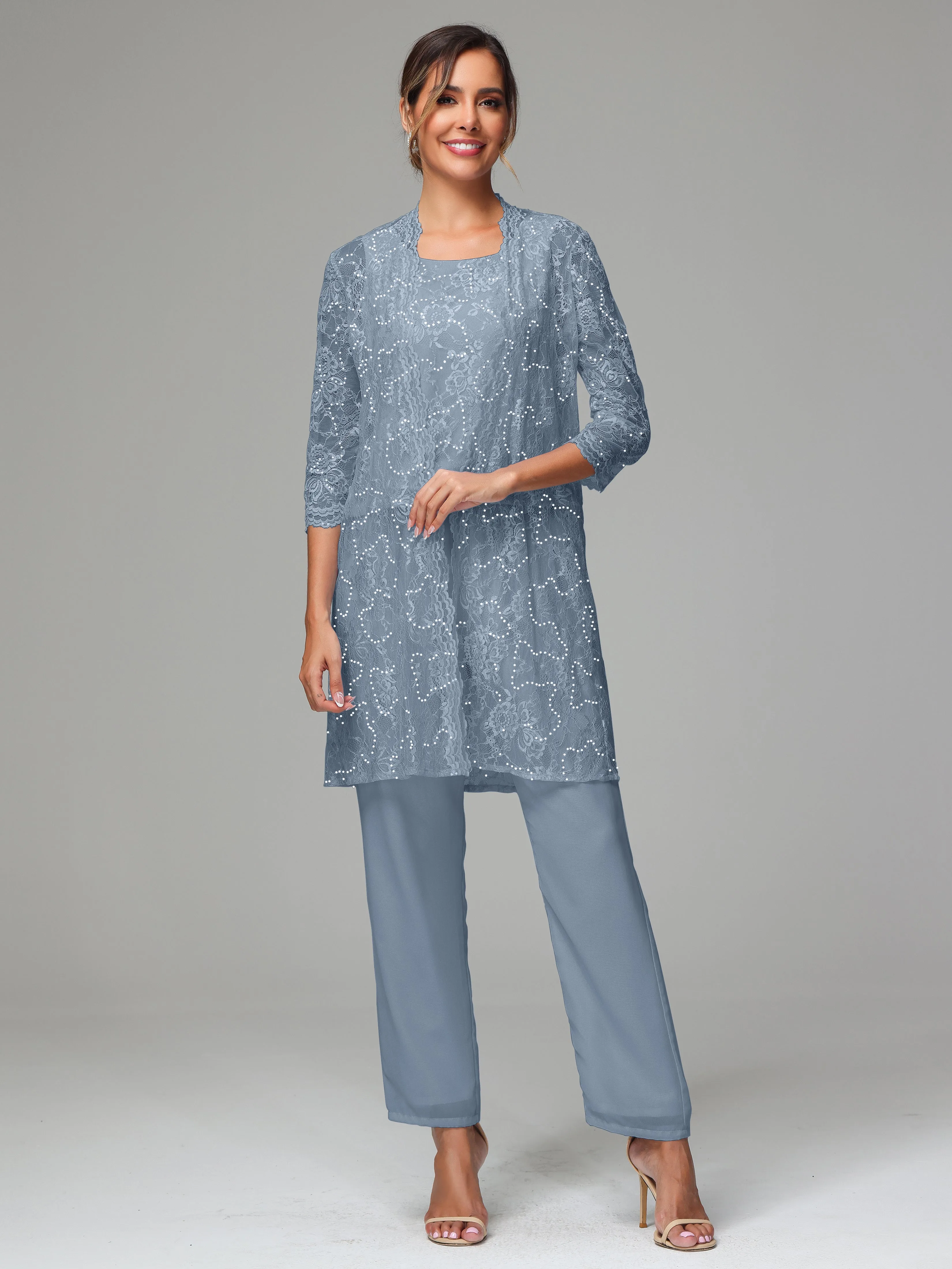 Chic Chiffon Lace 3 Pieces Long Sleeves Mother Of The Bride Dress Pants Suits