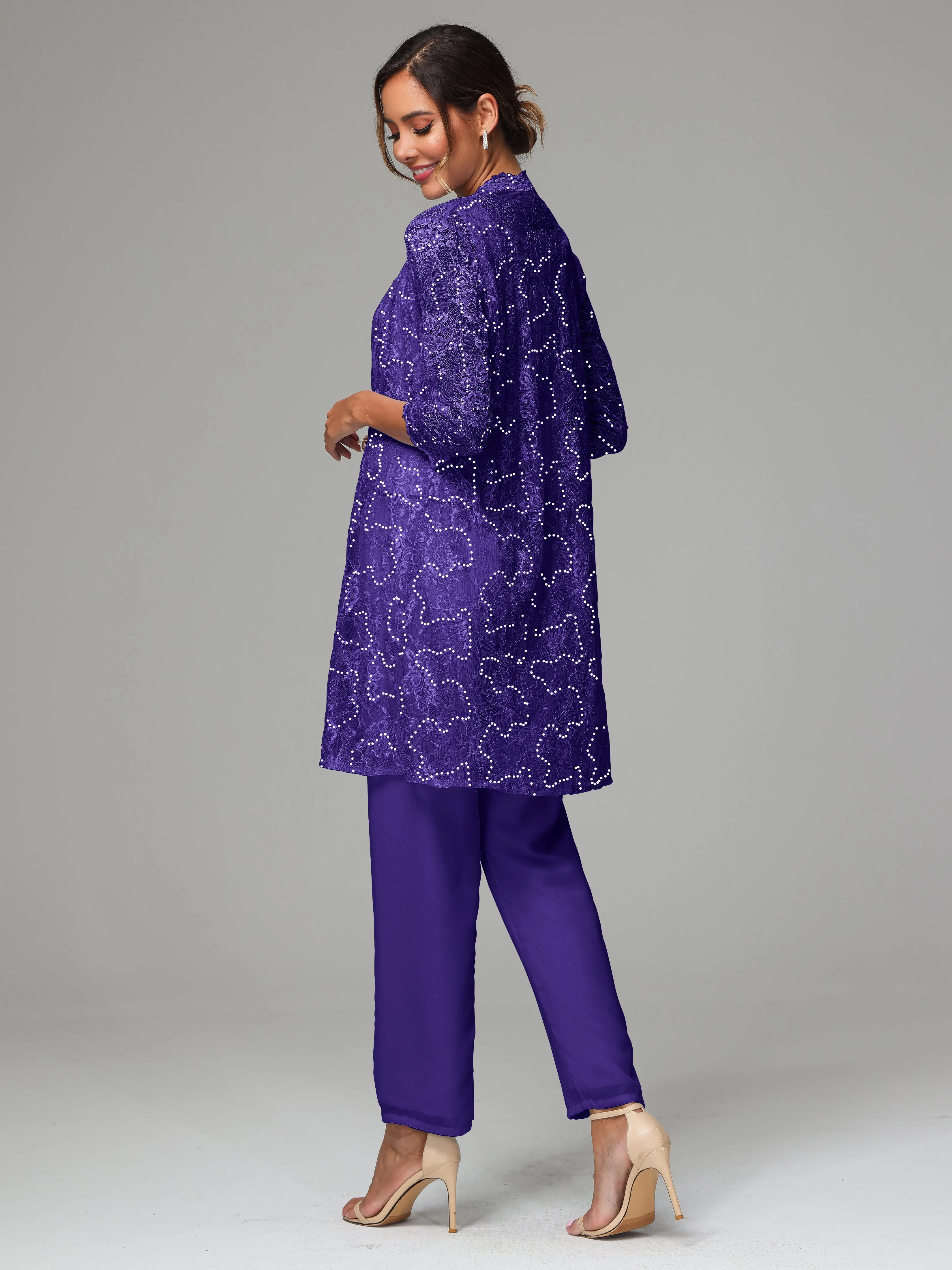 Chic Chiffon Lace 3 Pieces Long Sleeves Mother Of The Bride Dress Pants Suits