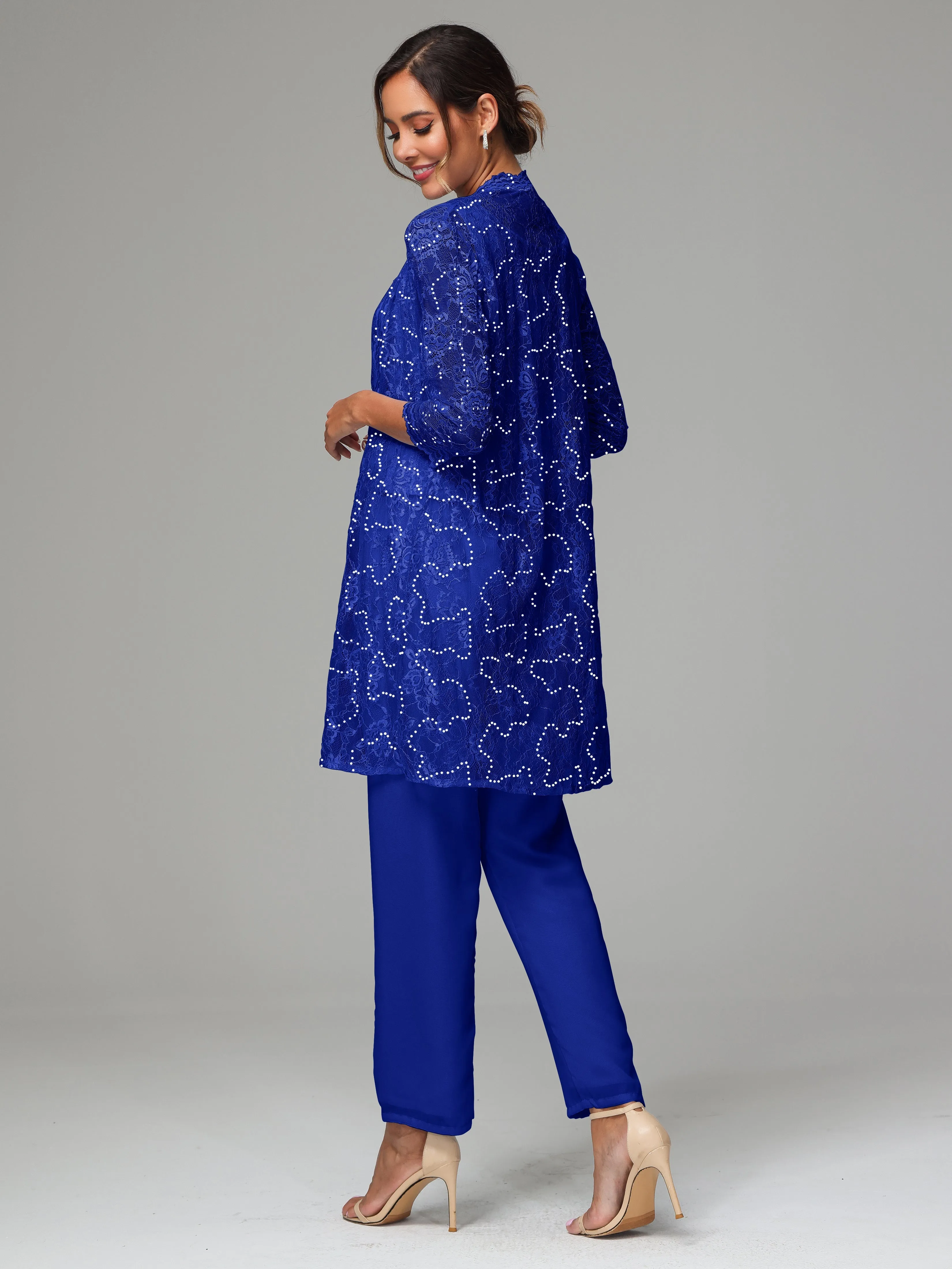 Chic Chiffon Lace 3 Pieces Long Sleeves Mother Of The Bride Dress Pants Suits