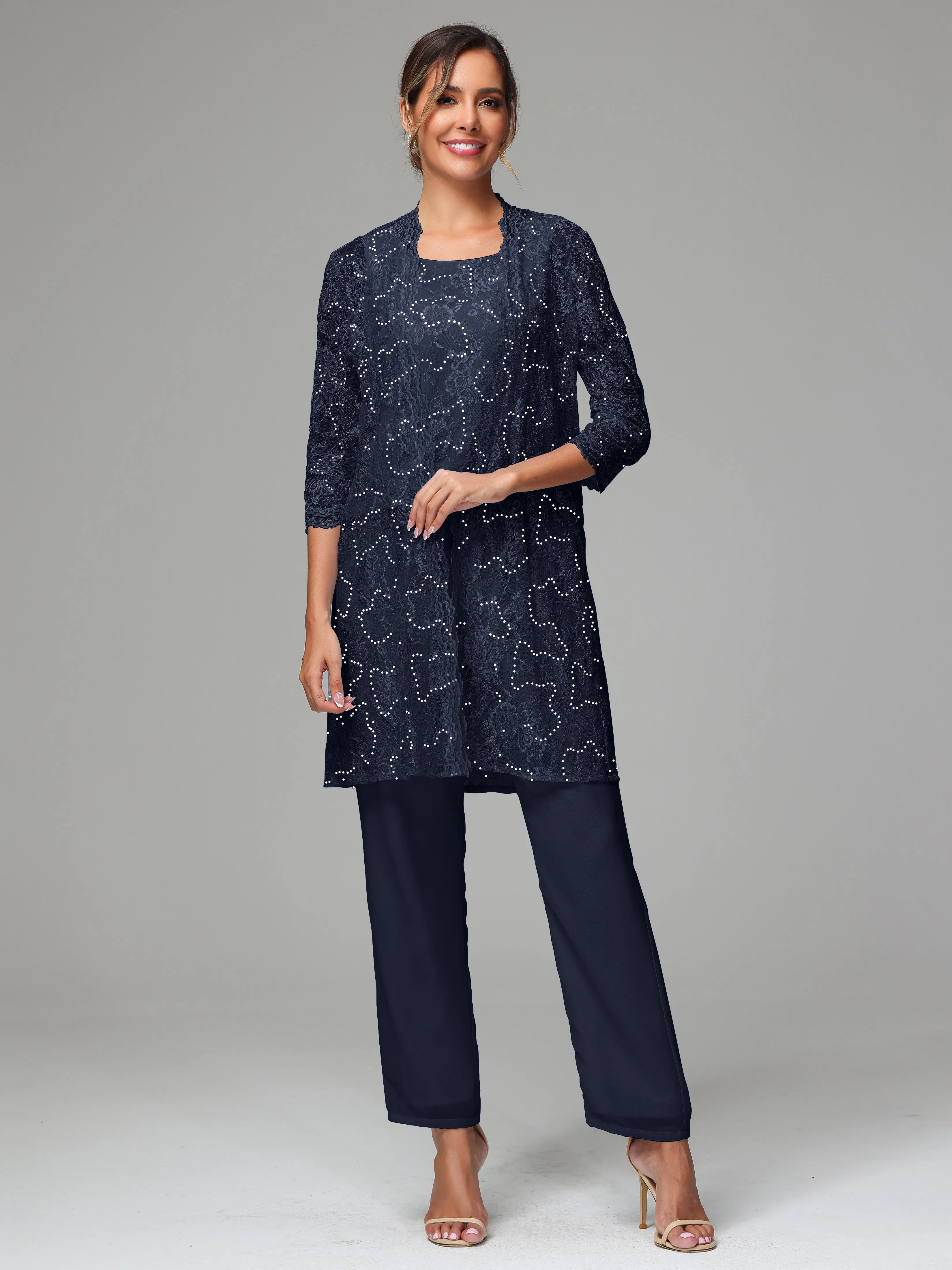 Chic Chiffon Lace 3 Pieces Long Sleeves Mother Of The Bride Dress Pants Suits