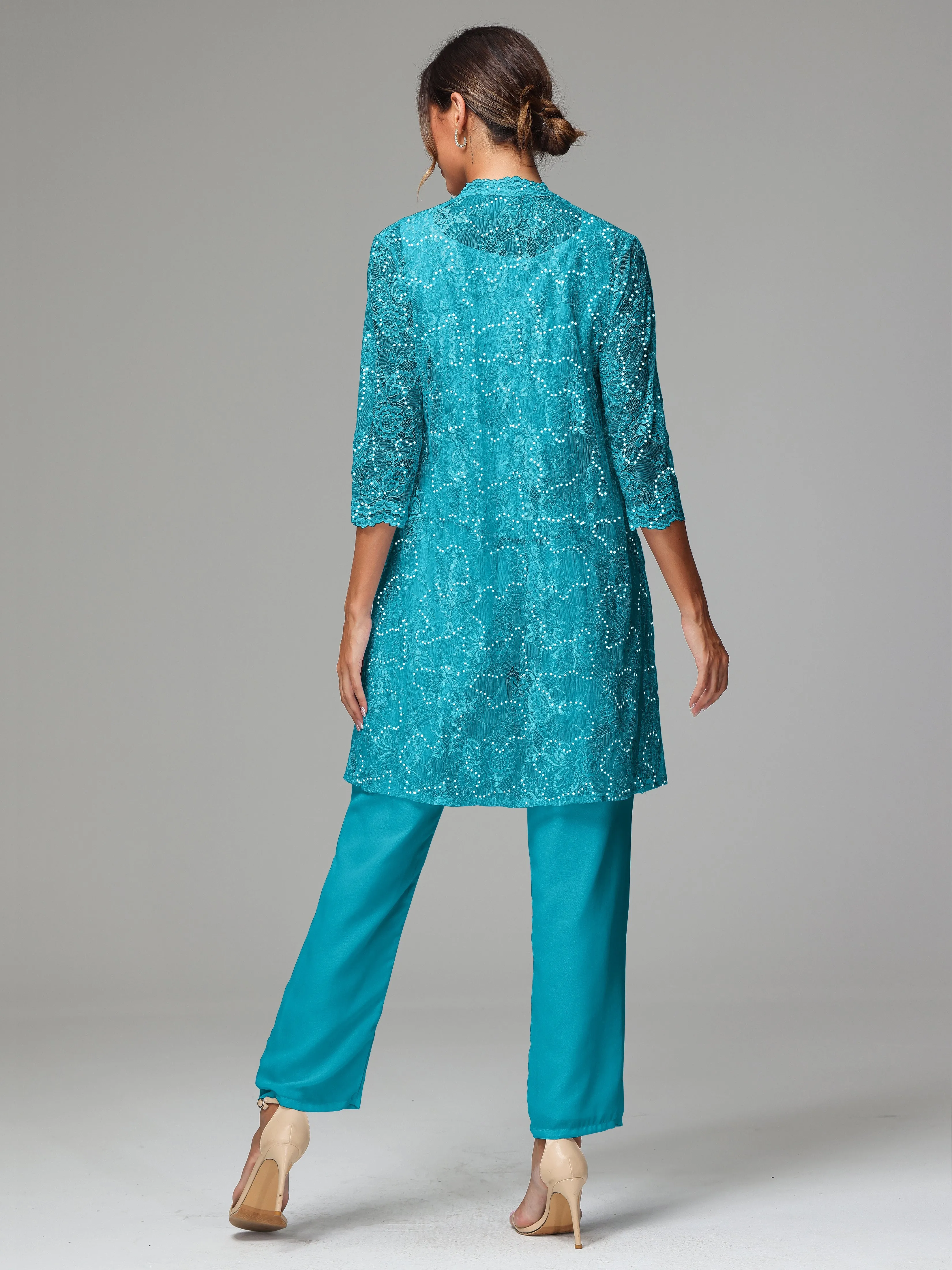 Chic Chiffon Lace 3 Pieces Long Sleeves Mother Of The Bride Dress Pants Suits