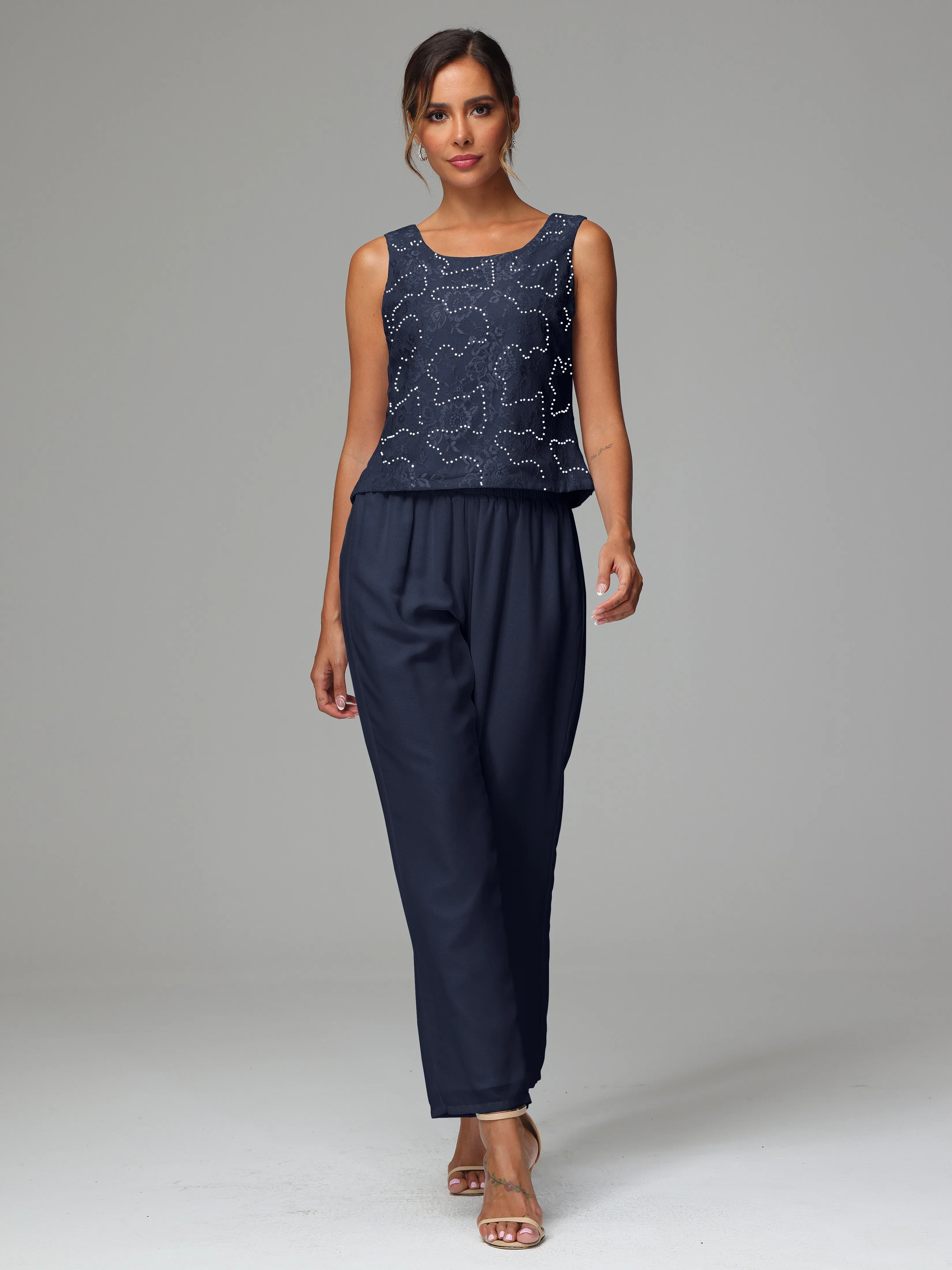 Chic Chiffon Lace 3 Pieces Long Sleeves Mother Of The Bride Dress Pants Suits