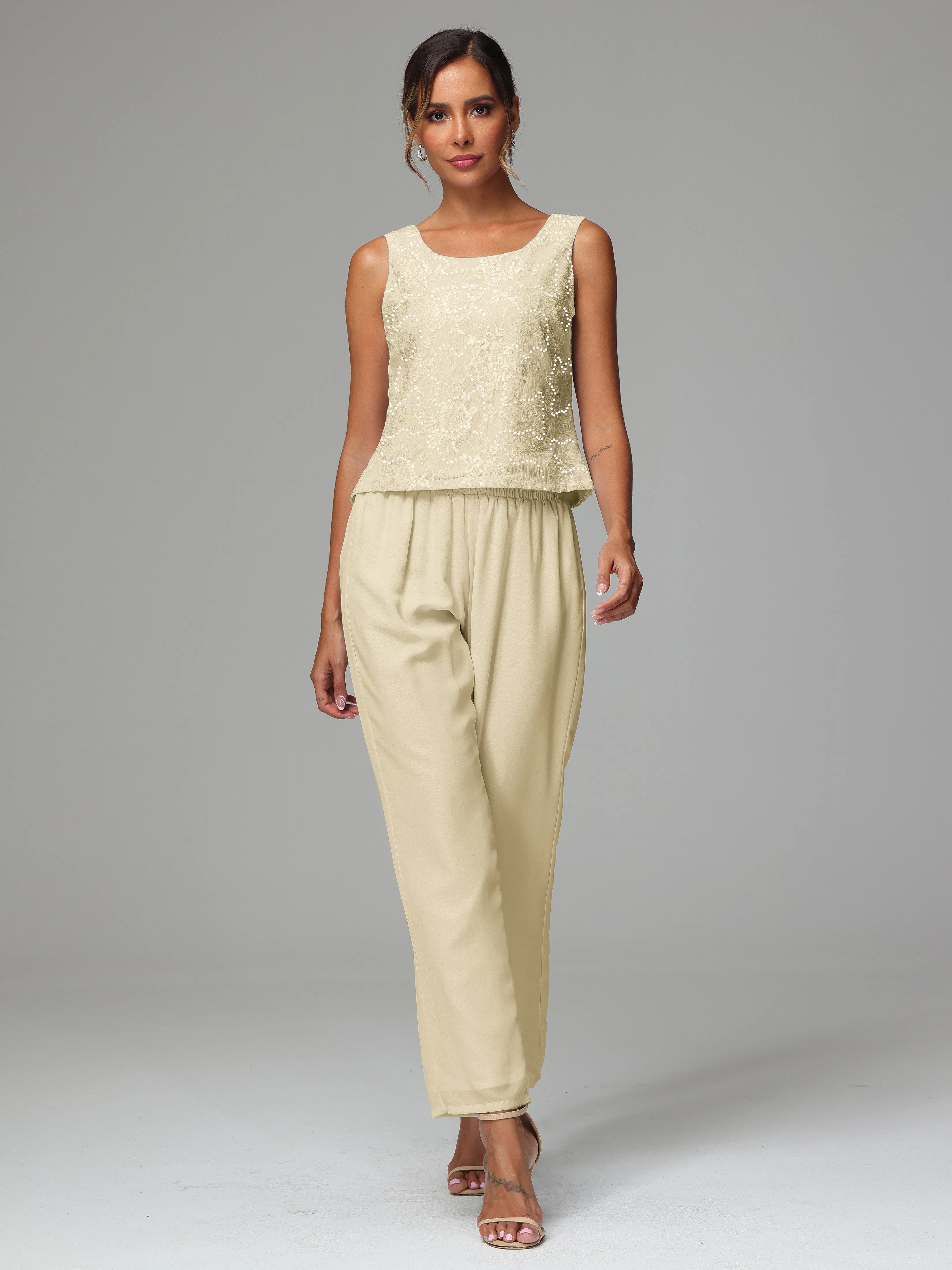 Chic Chiffon Lace 3 Pieces Long Sleeves Mother Of The Bride Dress Pants Suits