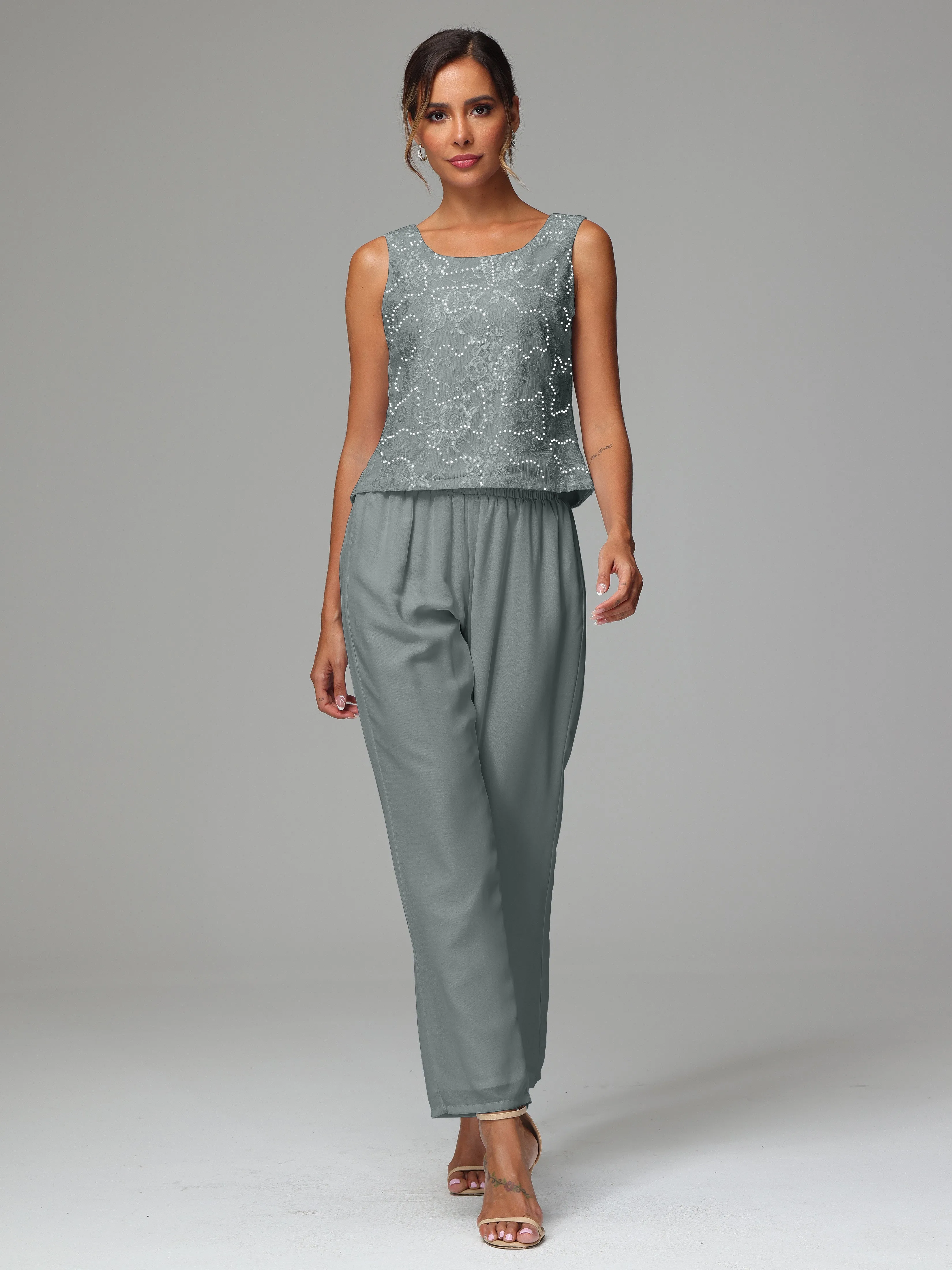 Chic Chiffon Lace 3 Pieces Long Sleeves Mother Of The Bride Dress Pants Suits