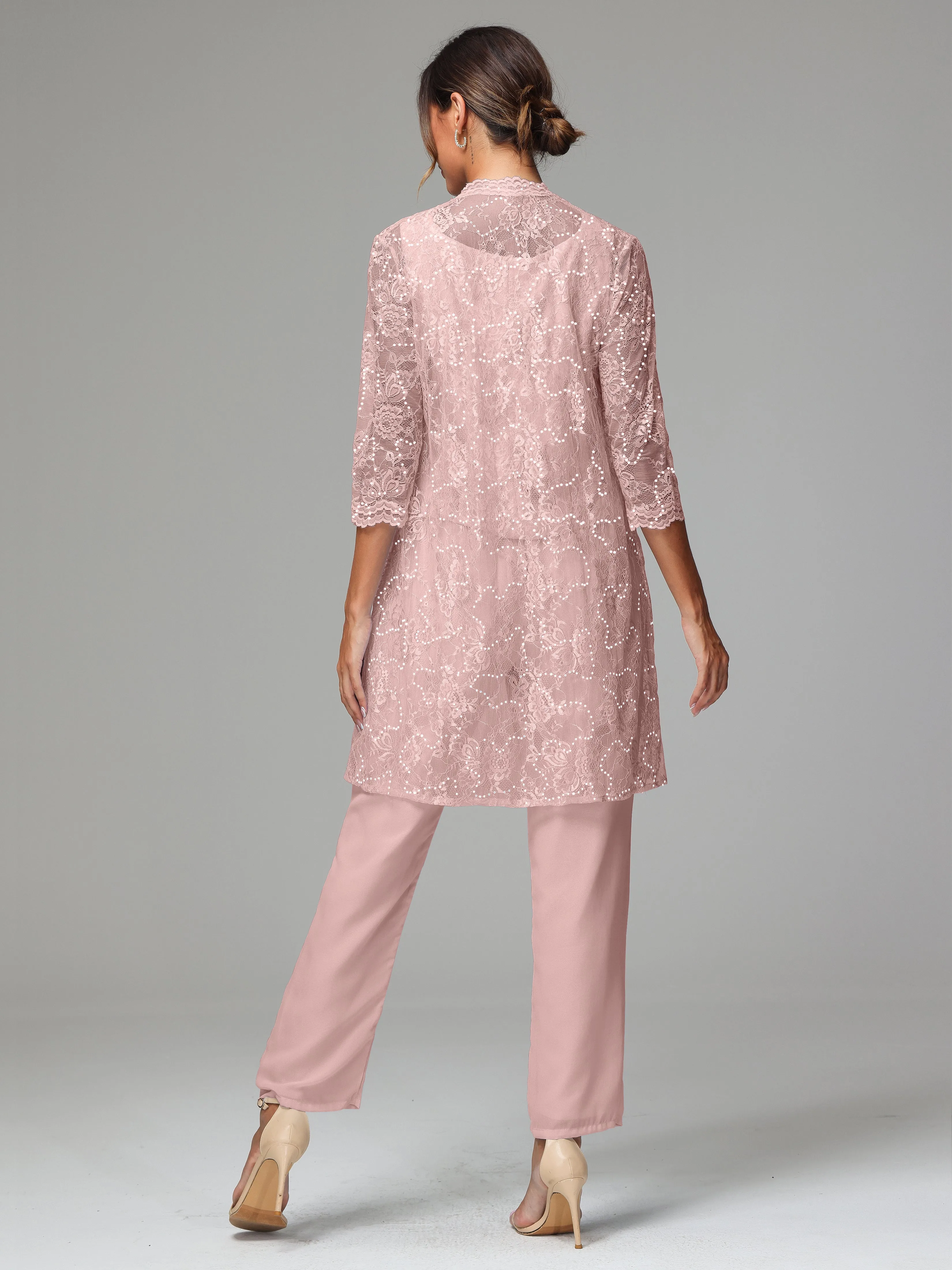Chic Chiffon Lace 3 Pieces Long Sleeves Mother Of The Bride Dress Pants Suits