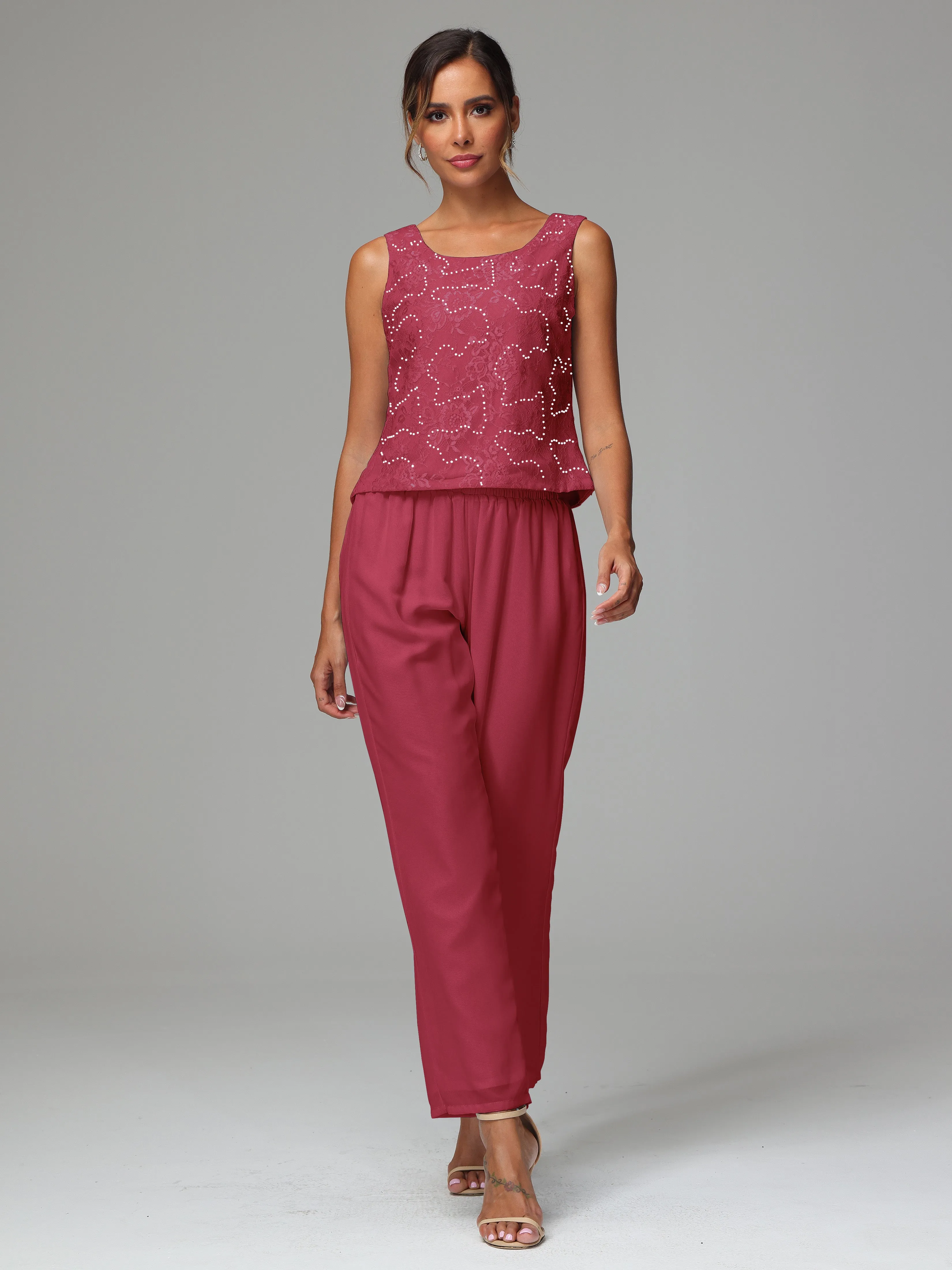 Chic Chiffon Lace 3 Pieces Long Sleeves Mother Of The Bride Dress Pants Suits