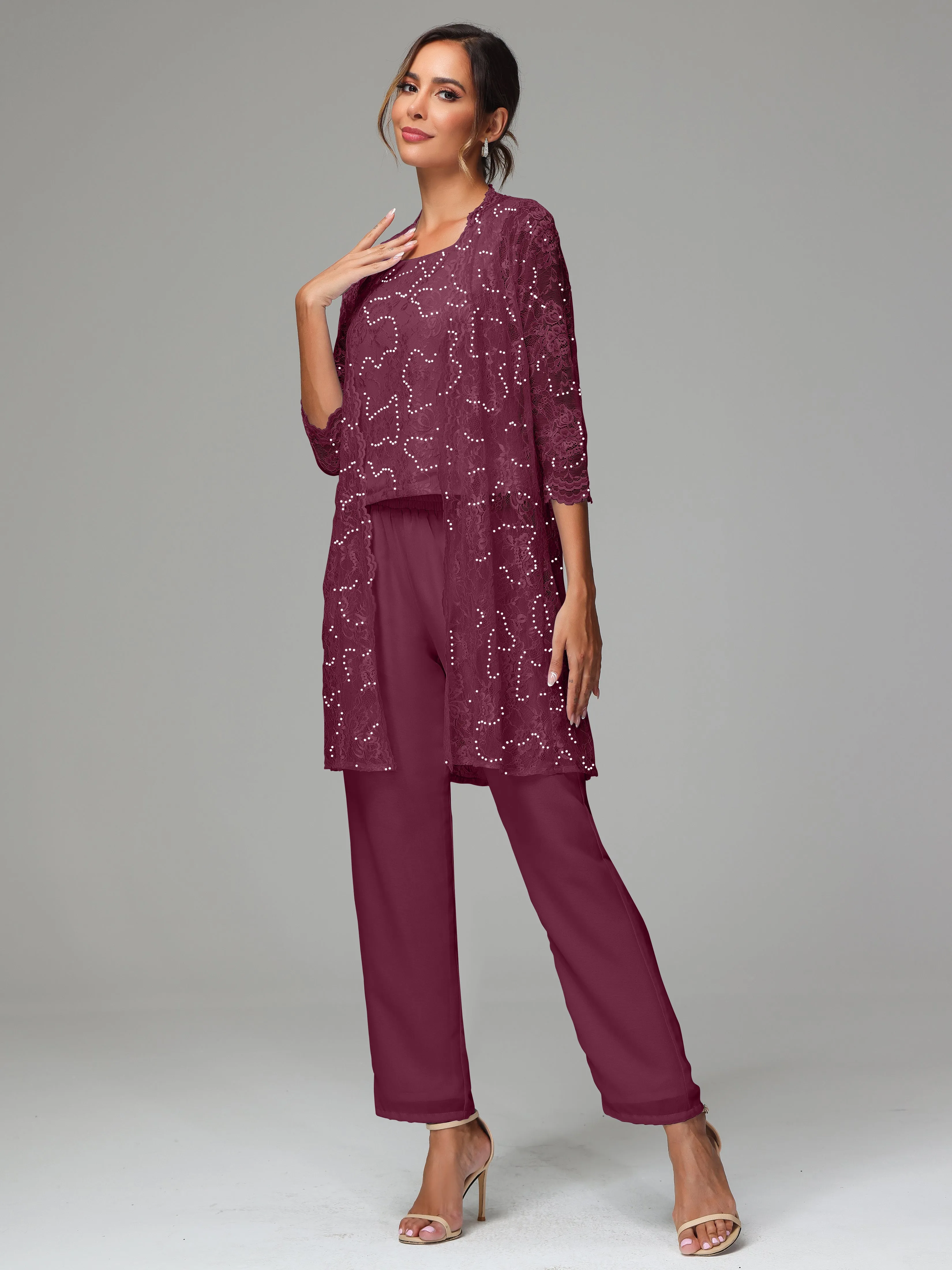 Chic Chiffon Lace 3 Pieces Long Sleeves Mother Of The Bride Dress Pants Suits