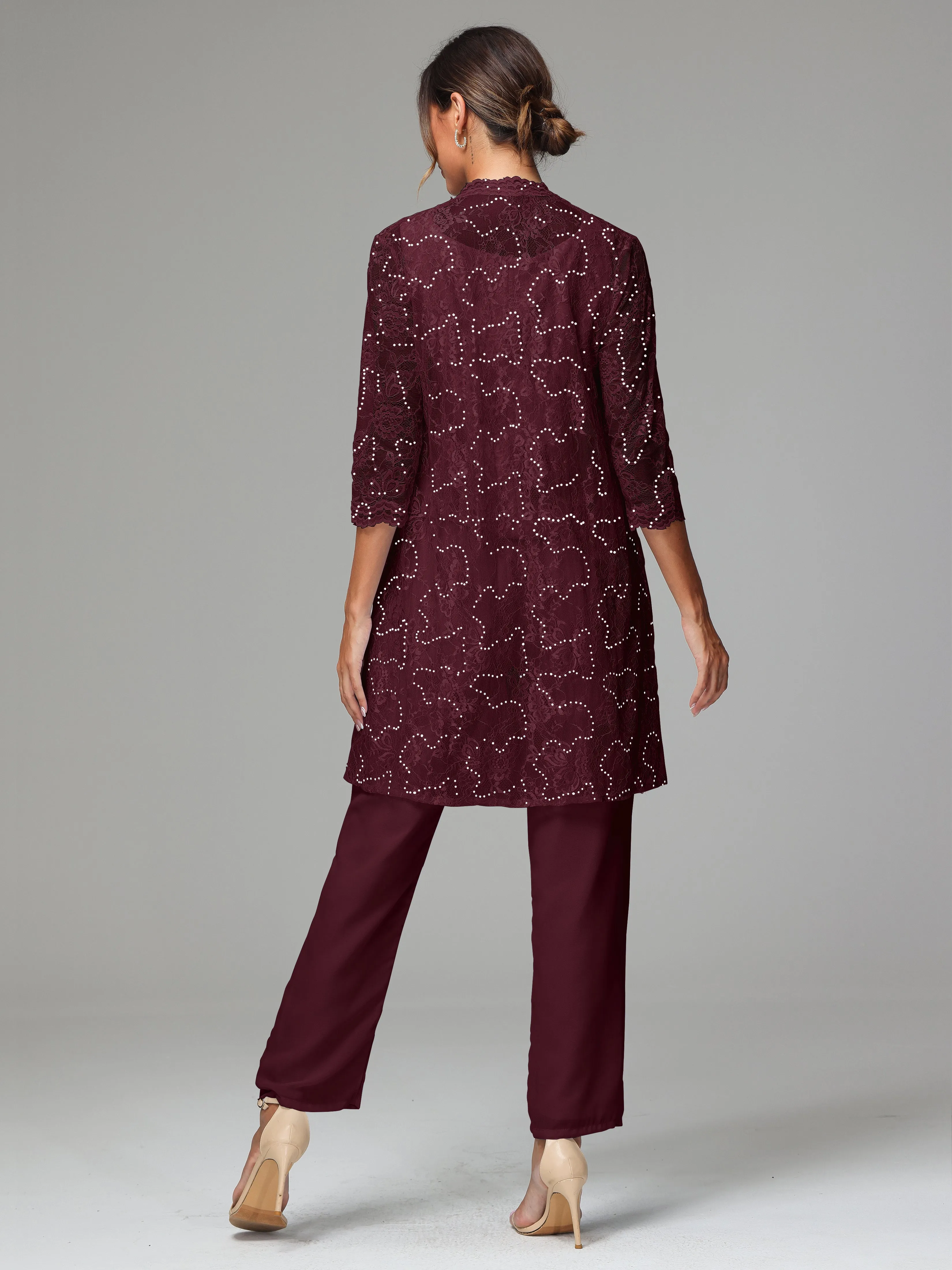 Chic Chiffon Lace 3 Pieces Long Sleeves Mother Of The Bride Dress Pants Suits