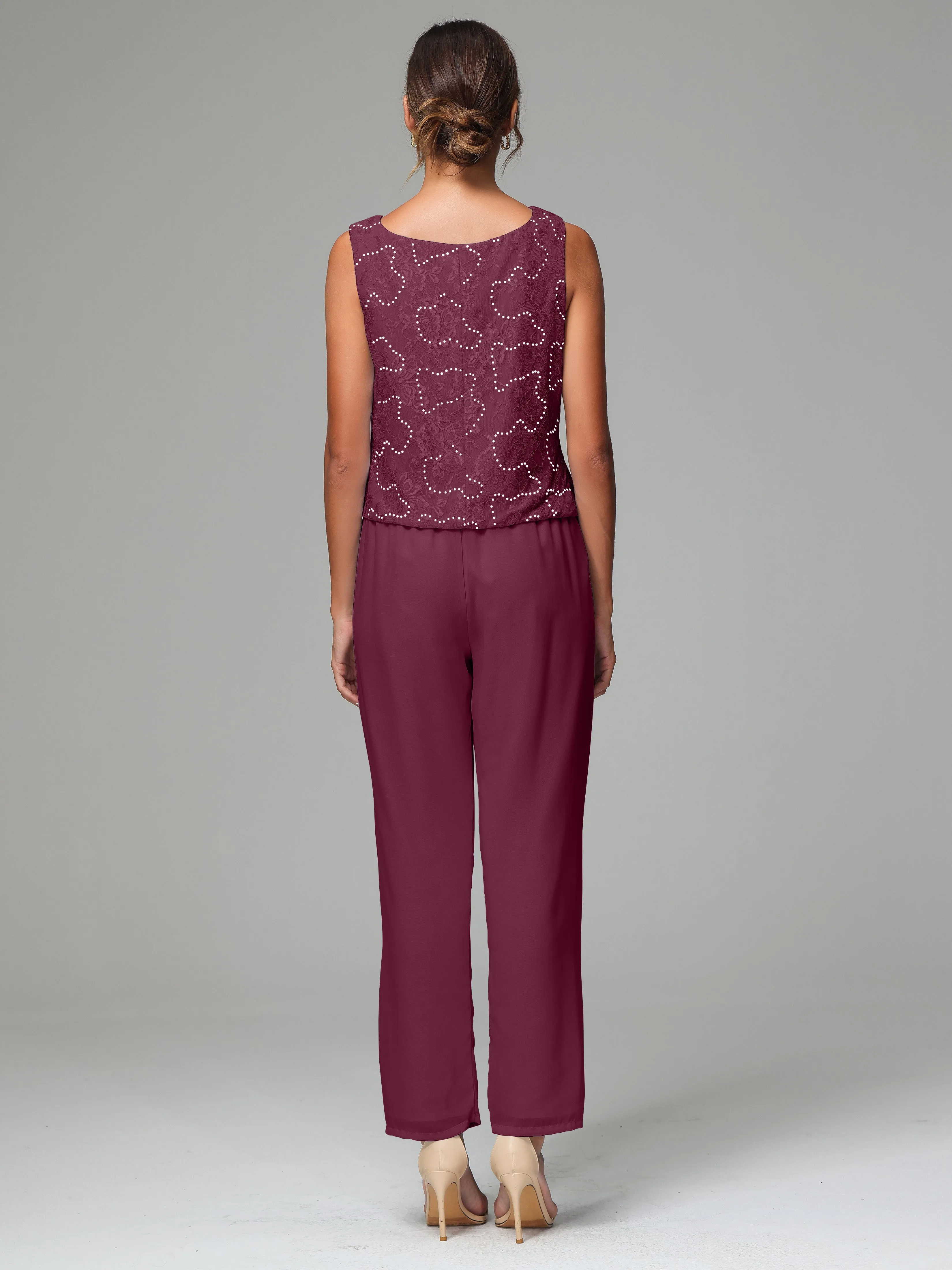 Chic Chiffon Lace 3 Pieces Long Sleeves Mother Of The Bride Dress Pants Suits