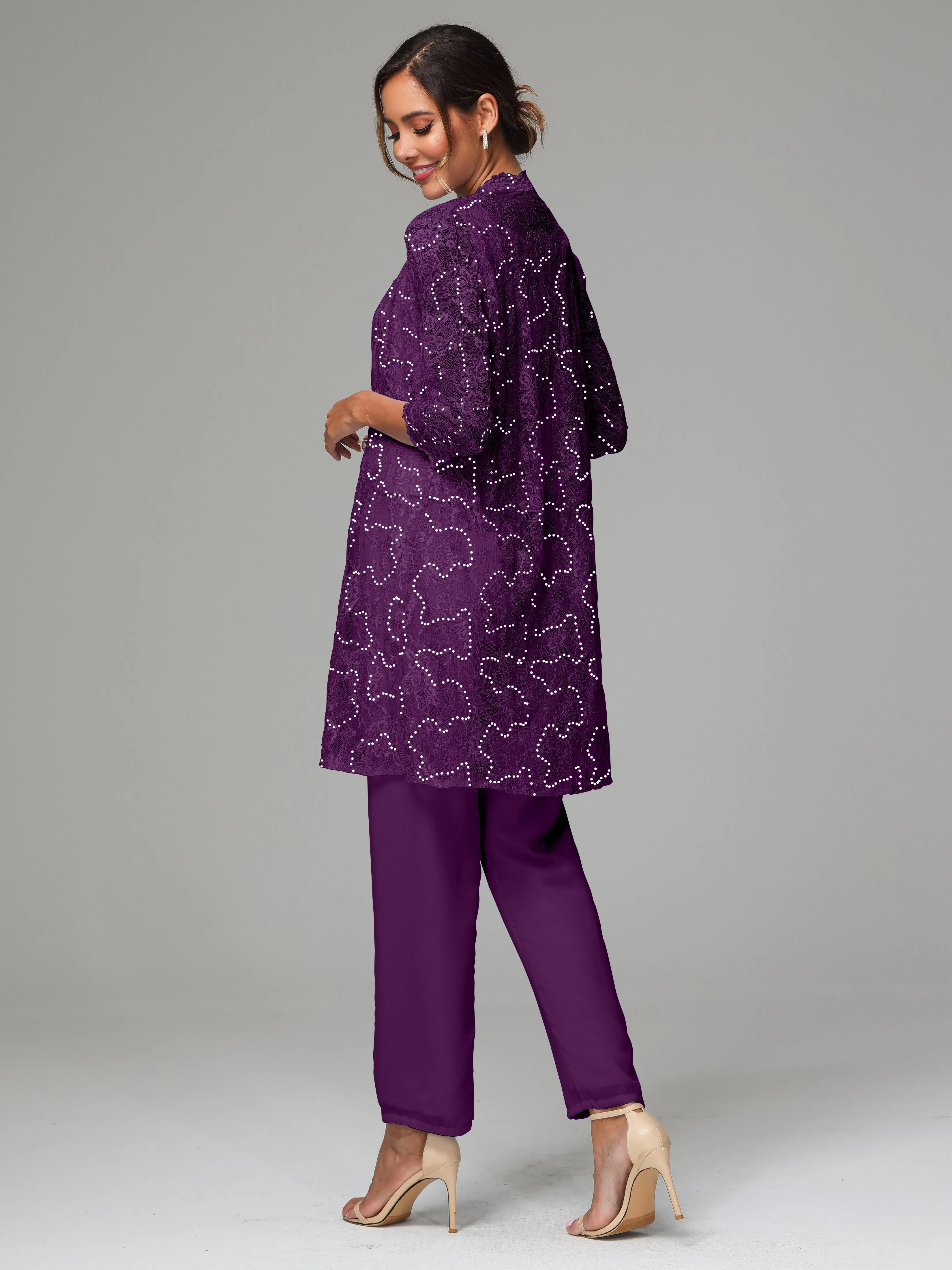 Chic Chiffon Lace 3 Pieces Long Sleeves Mother Of The Bride Dress Pants Suits