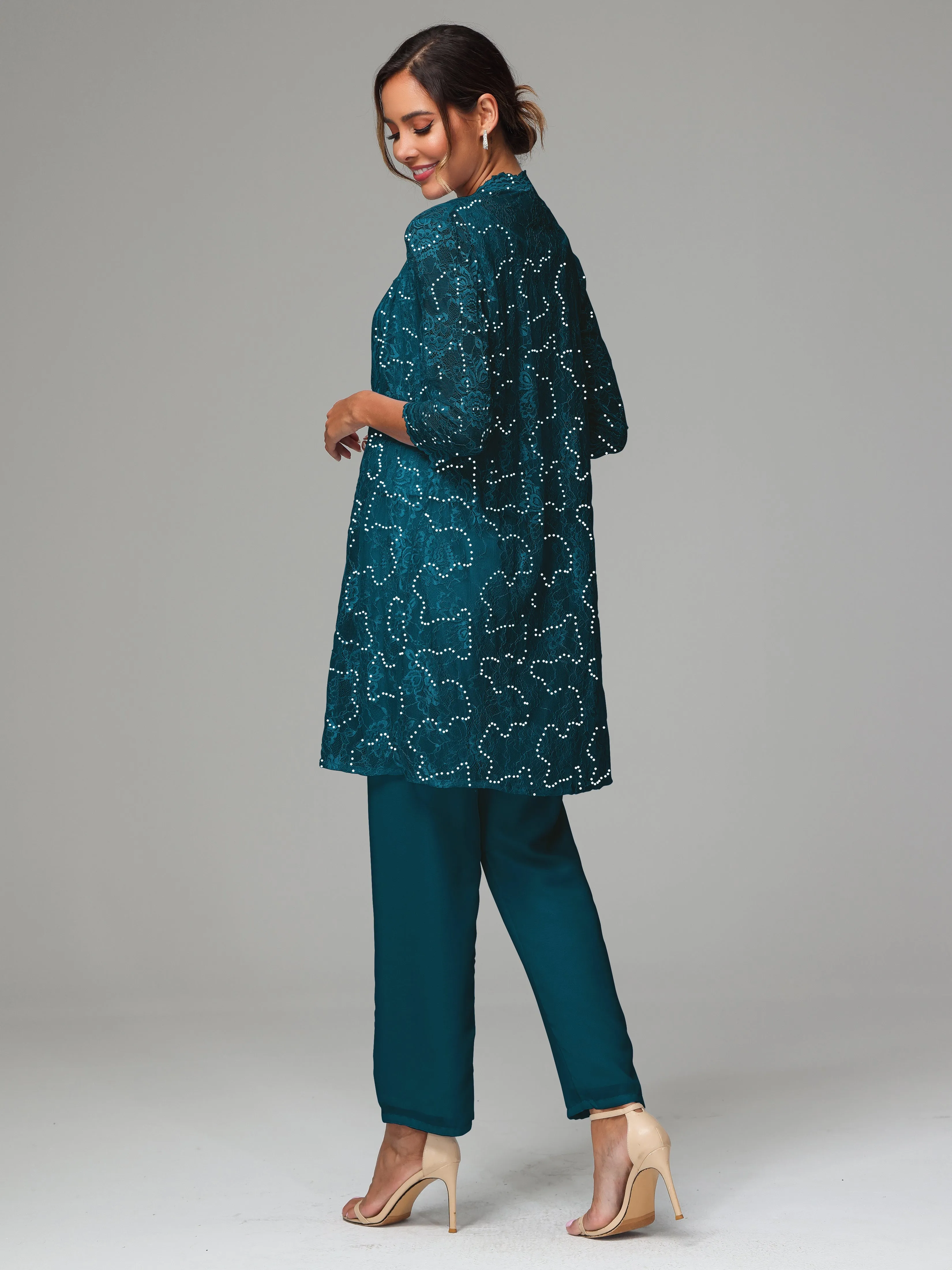 Chic Chiffon Lace 3 Pieces Long Sleeves Mother Of The Bride Dress Pants Suits