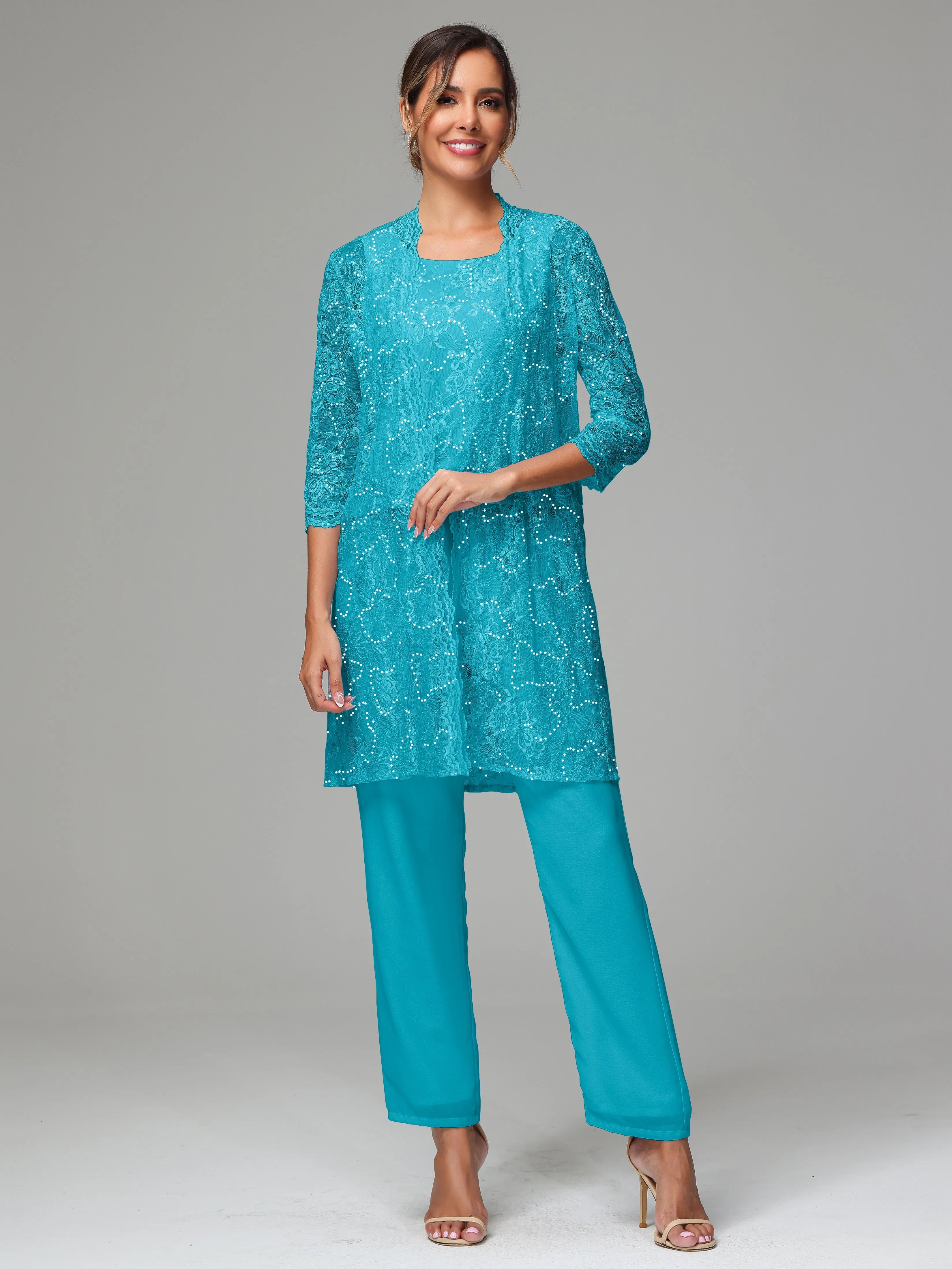 Chic Chiffon Lace 3 Pieces Long Sleeves Mother Of The Bride Dress Pants Suits