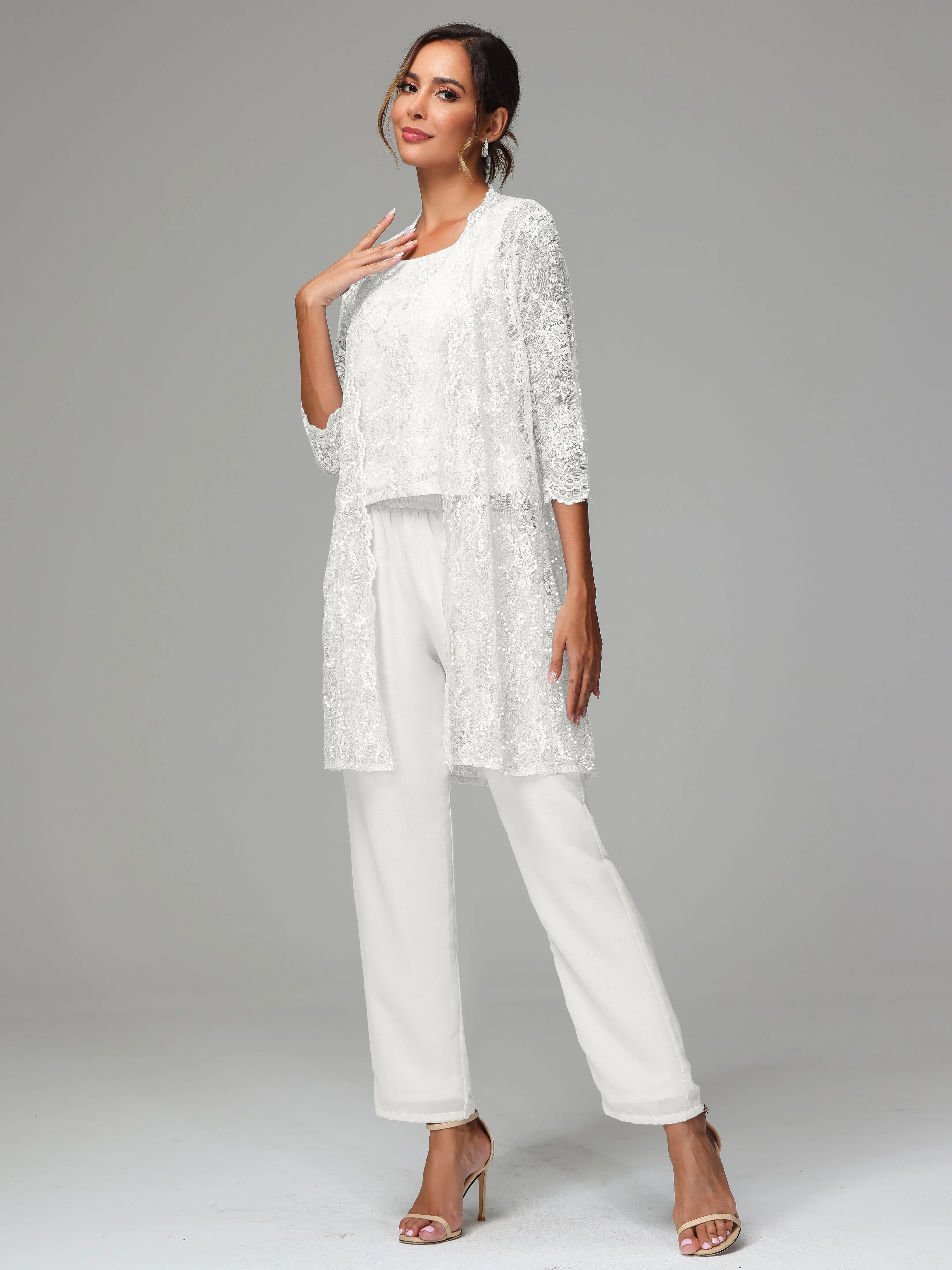 Chic Chiffon Lace 3 Pieces Long Sleeves Mother Of The Bride Dress Pants Suits