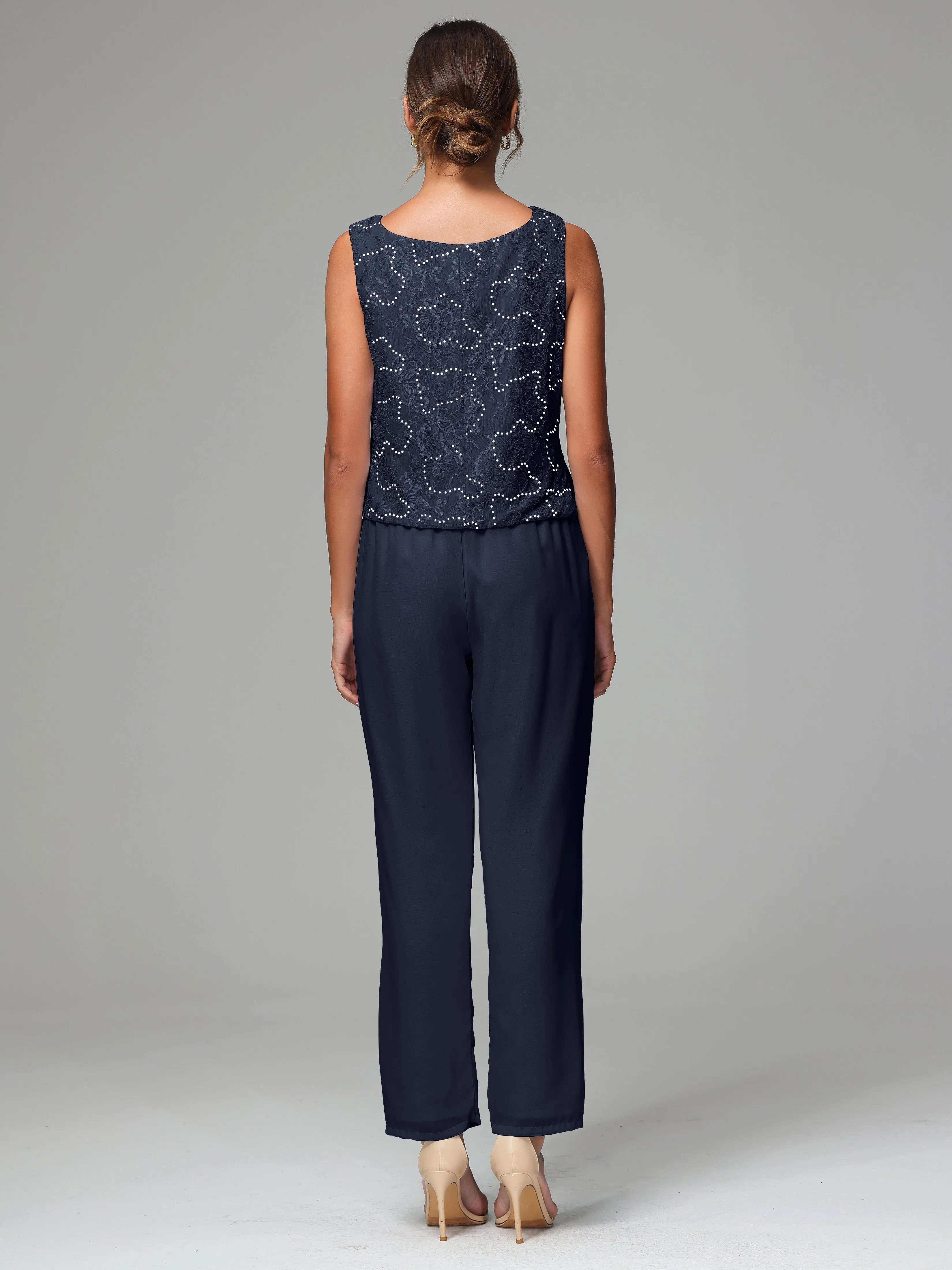 Chic Chiffon Lace 3 Pieces Long Sleeves Mother Of The Bride Dress Pants Suits