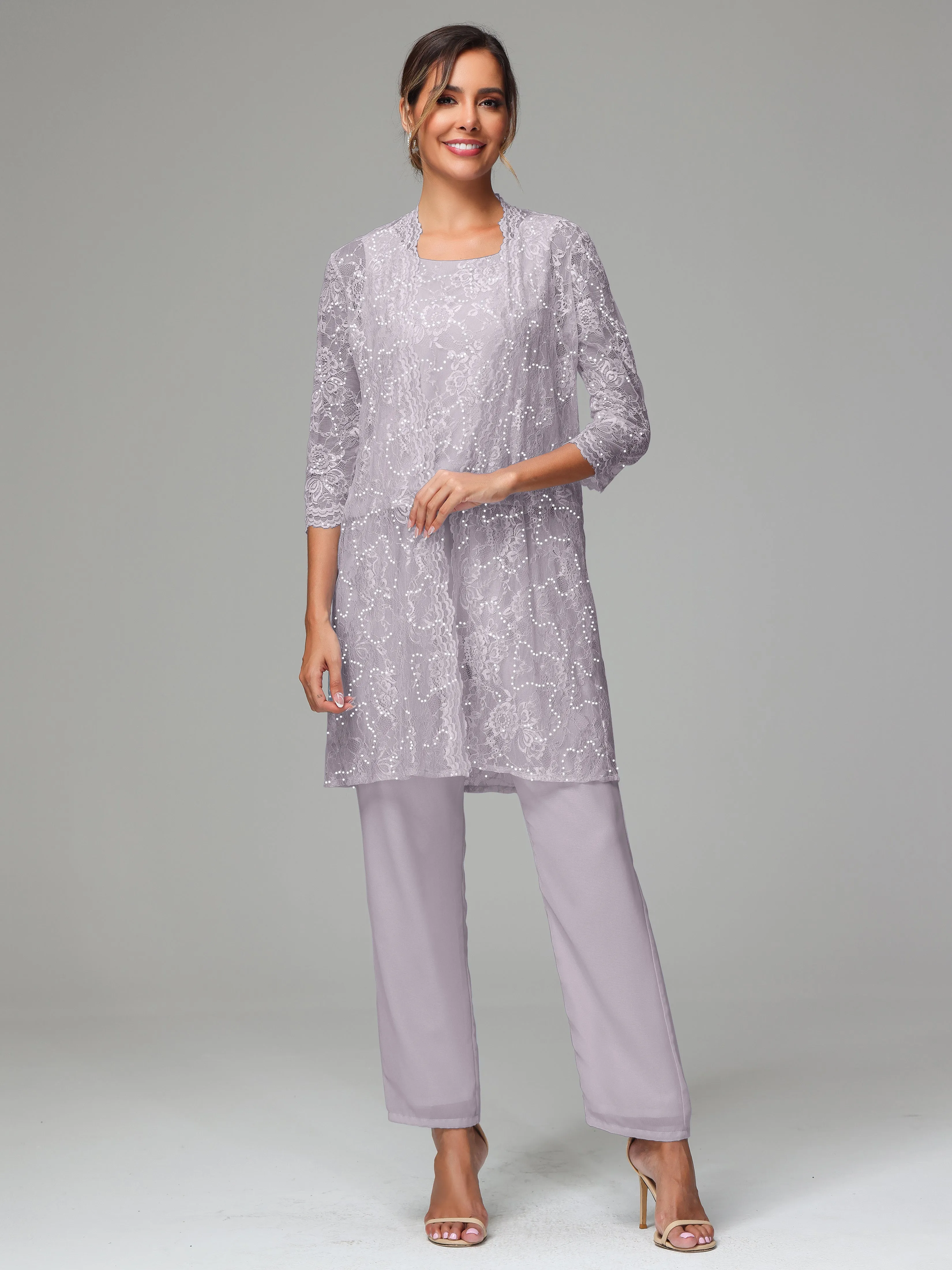 Chic Chiffon Lace 3 Pieces Long Sleeves Mother Of The Bride Dress Pants Suits
