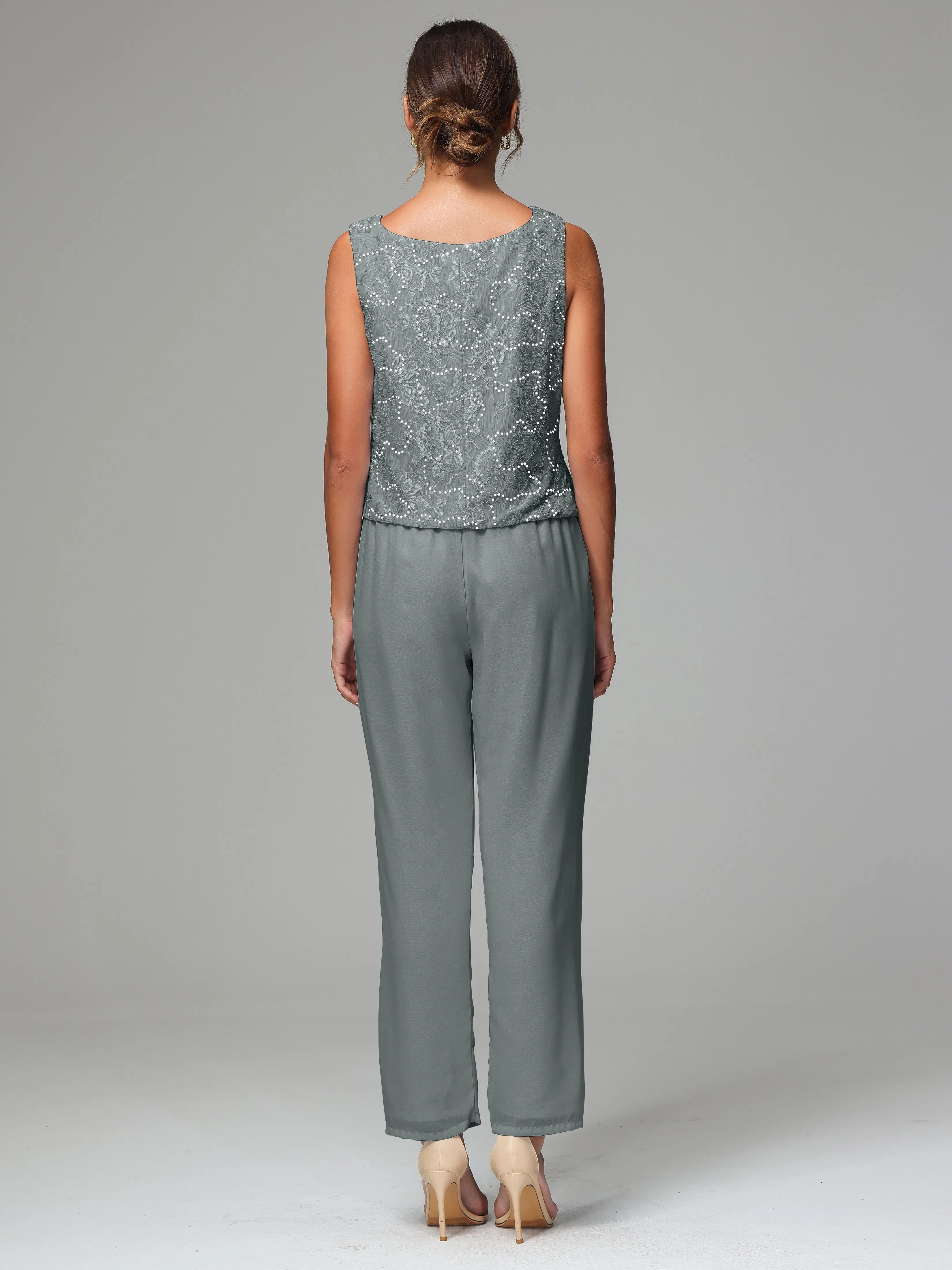 Chic Chiffon Lace 3 Pieces Long Sleeves Mother Of The Bride Dress Pants Suits