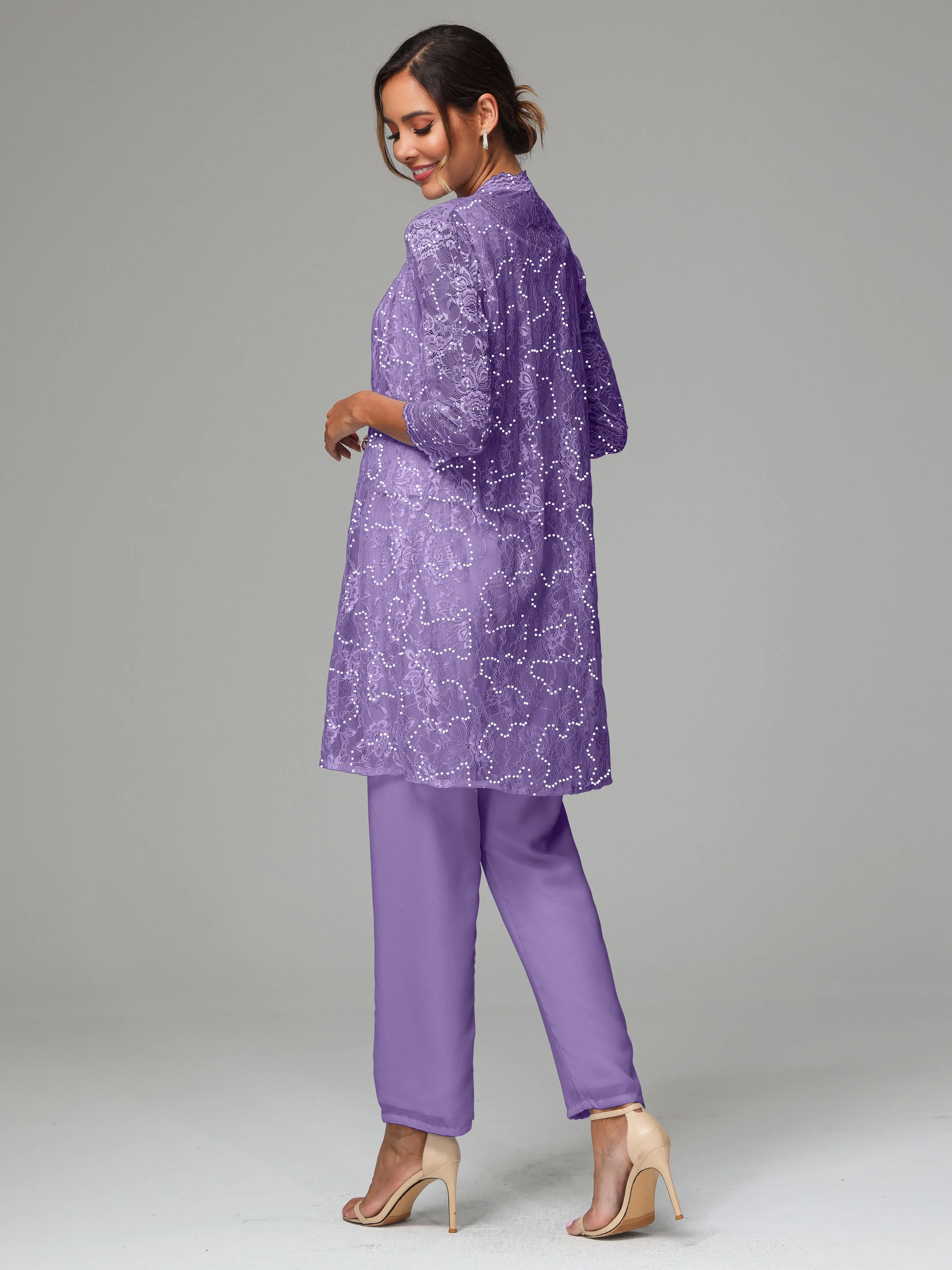Chic Chiffon Lace 3 Pieces Long Sleeves Mother Of The Bride Dress Pants Suits
