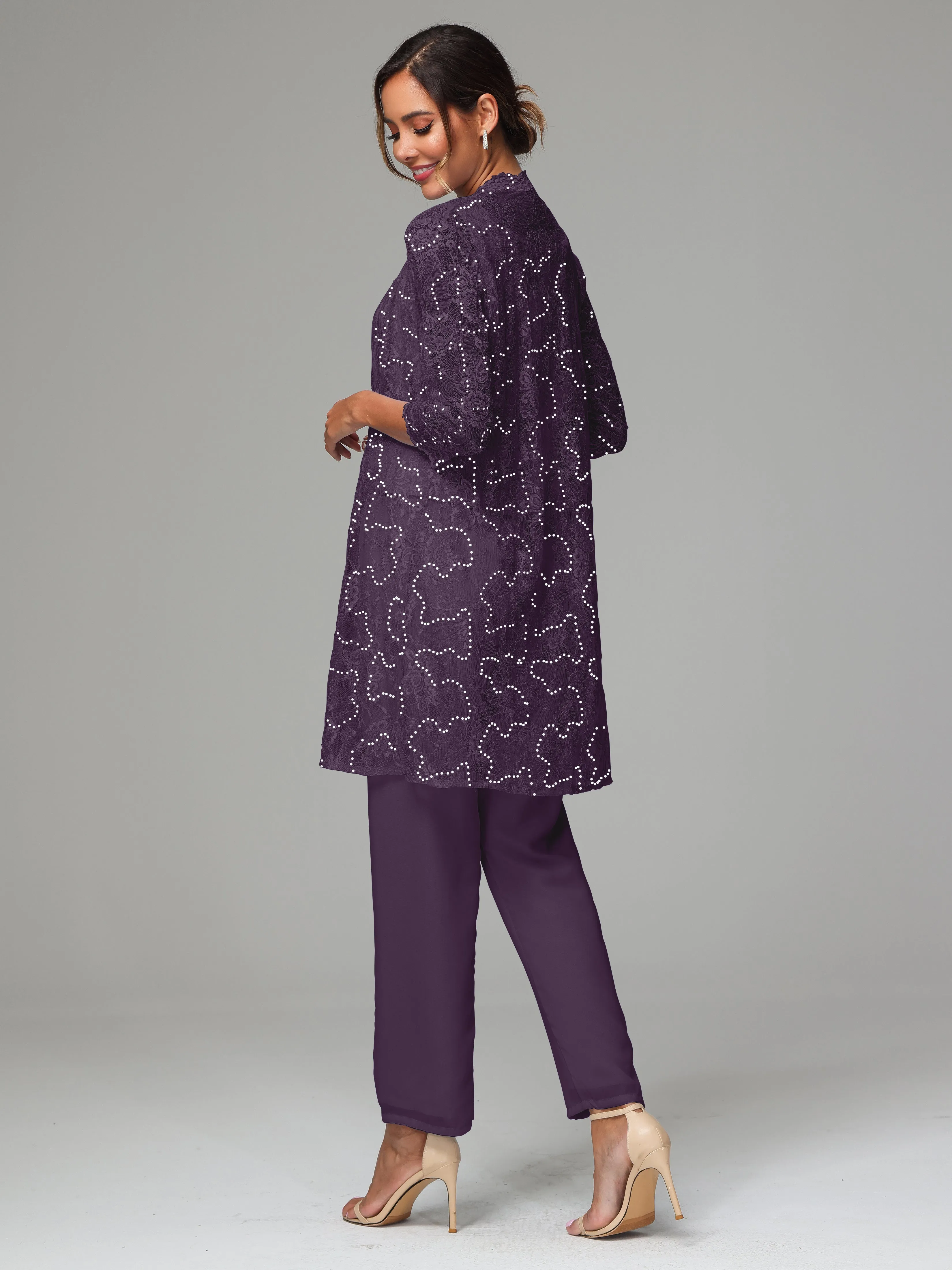 Chic Chiffon Lace 3 Pieces Long Sleeves Mother Of The Bride Dress Pants Suits