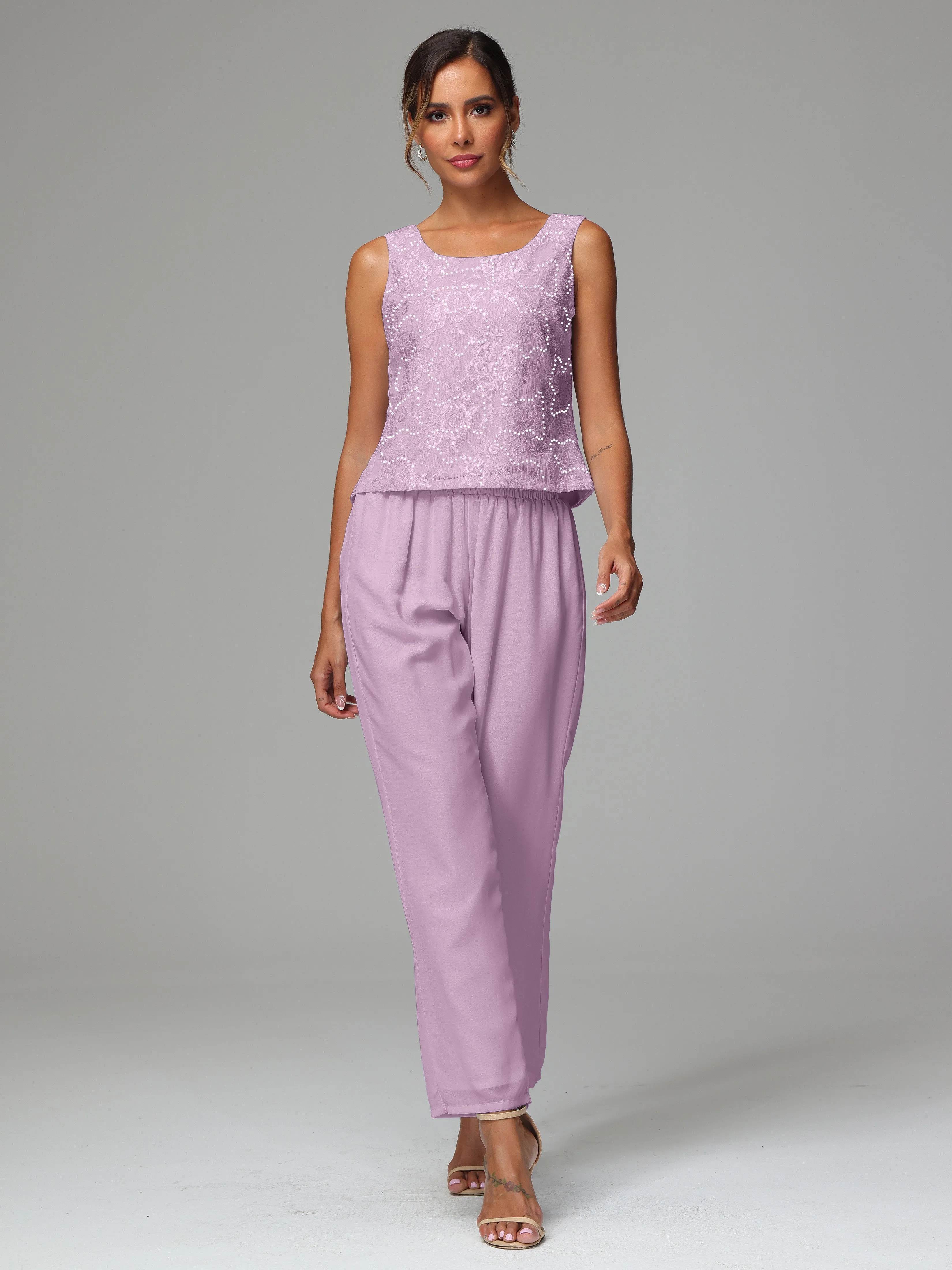 Chic Chiffon Lace 3 Pieces Long Sleeves Mother Of The Bride Dress Pants Suits