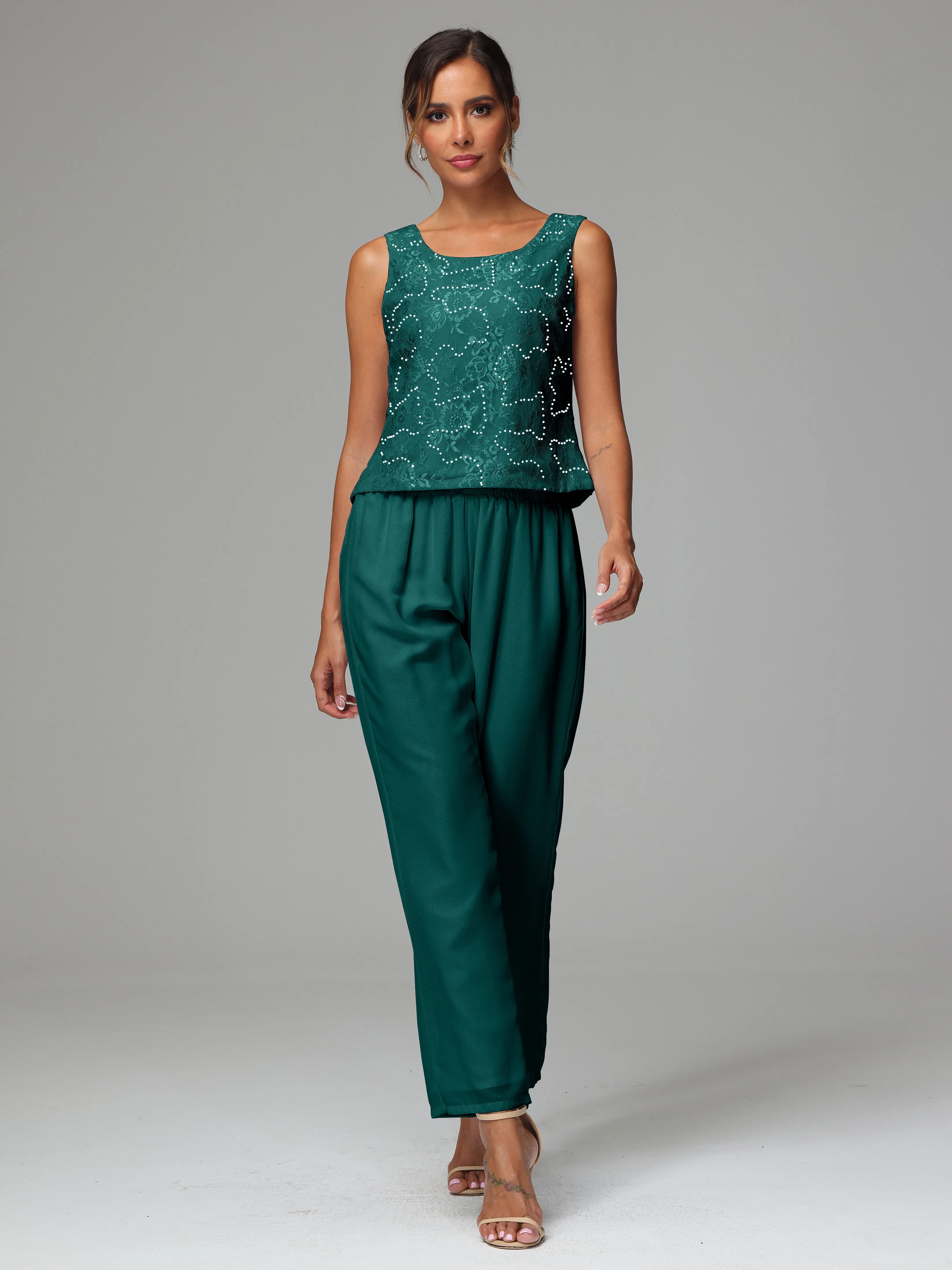 Chic Chiffon Lace 3 Pieces Long Sleeves Mother Of The Bride Dress Pants Suits