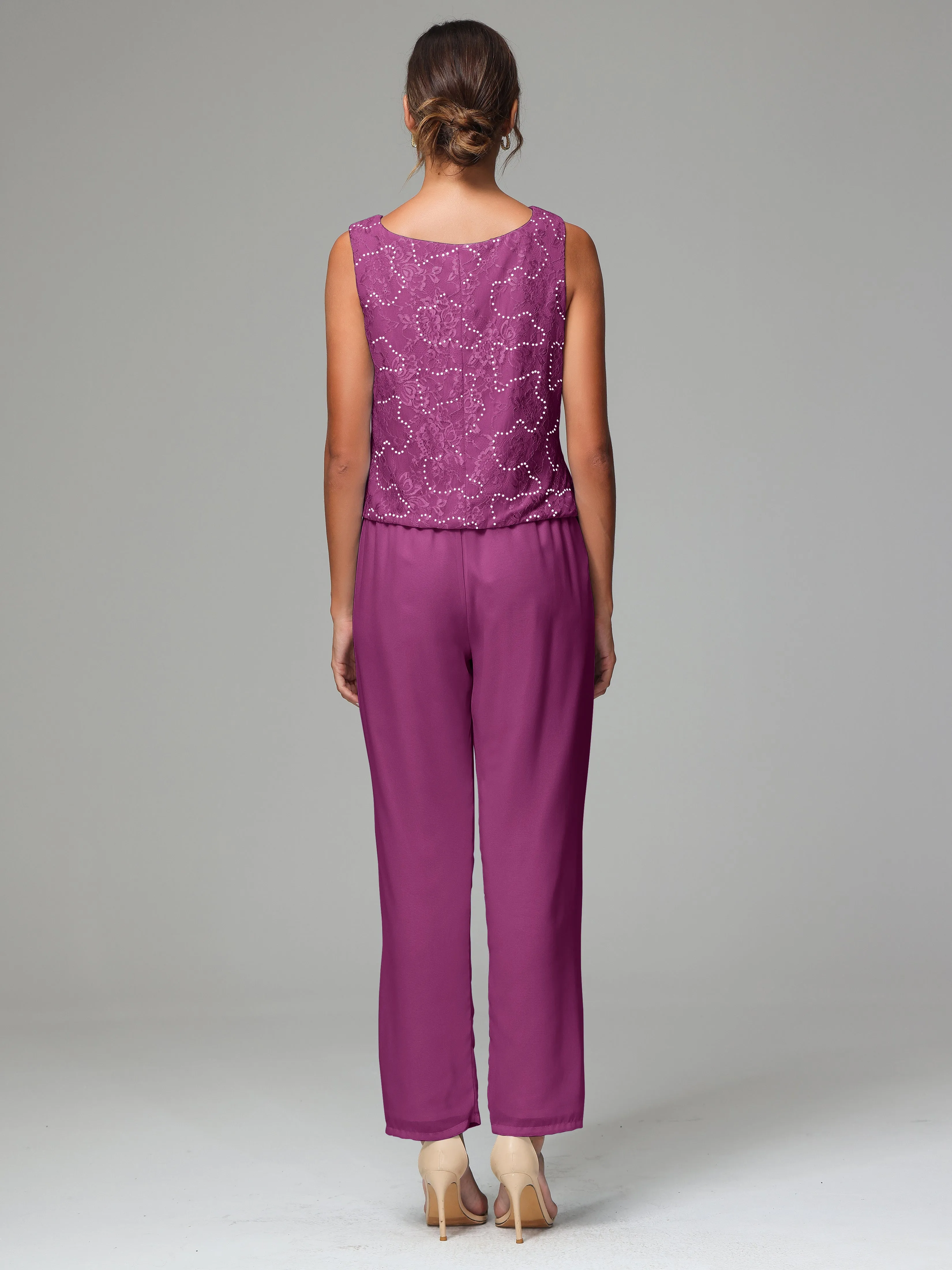 Chic Chiffon Lace 3 Pieces Long Sleeves Mother Of The Bride Dress Pants Suits