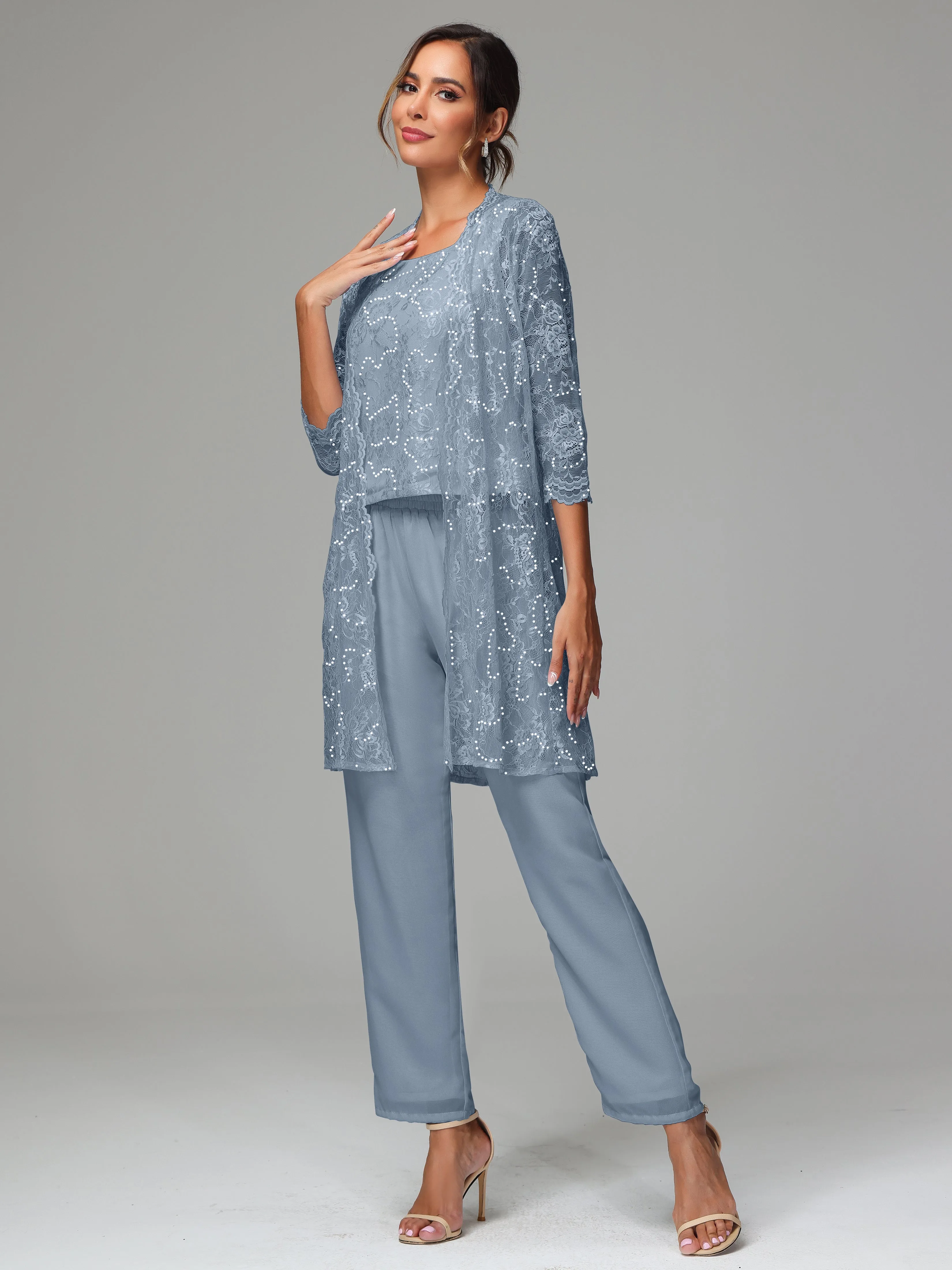 Chic Chiffon Lace 3 Pieces Long Sleeves Mother Of The Bride Dress Pants Suits