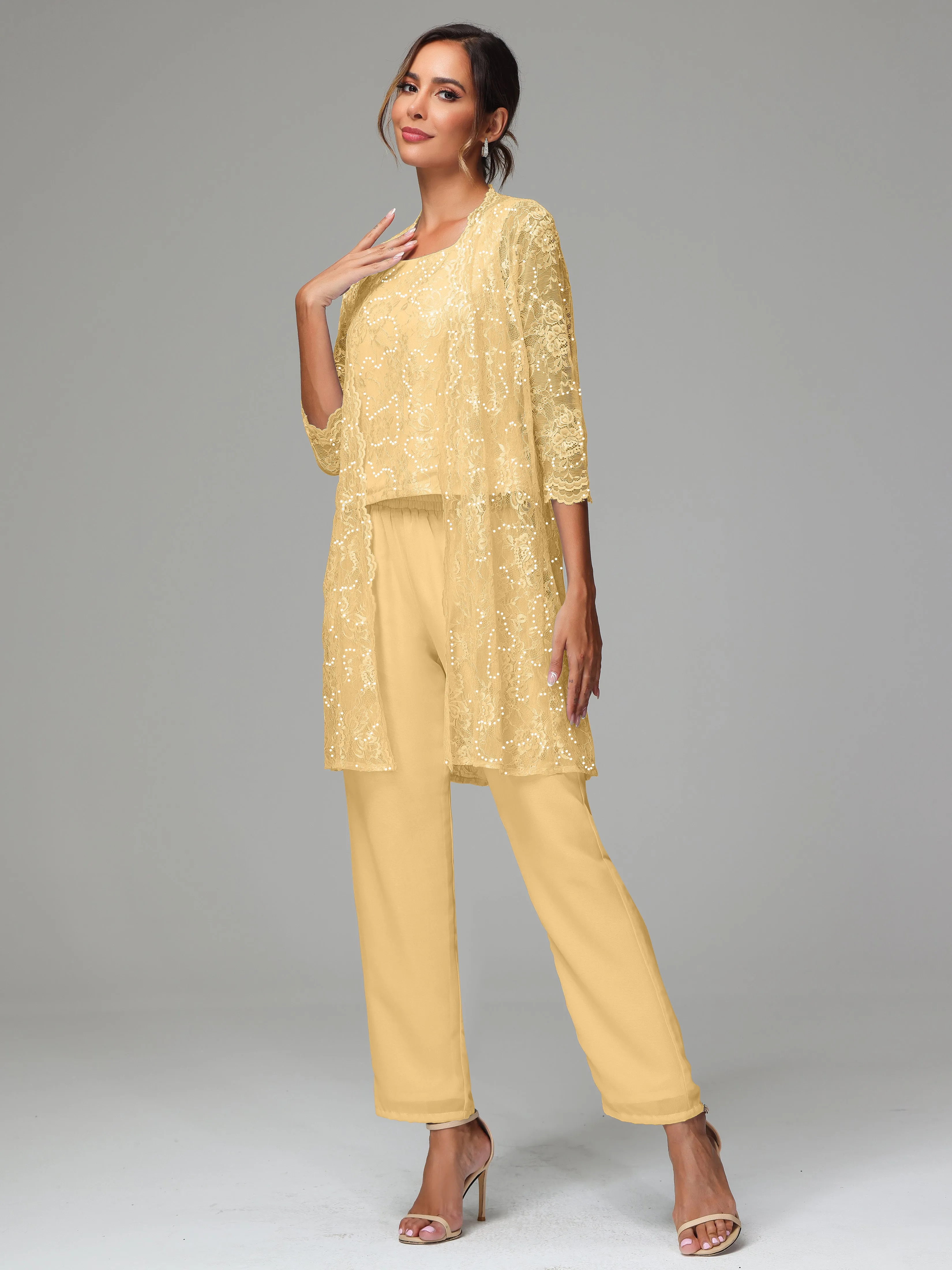 Chic Chiffon Lace 3 Pieces Long Sleeves Mother Of The Bride Dress Pants Suits