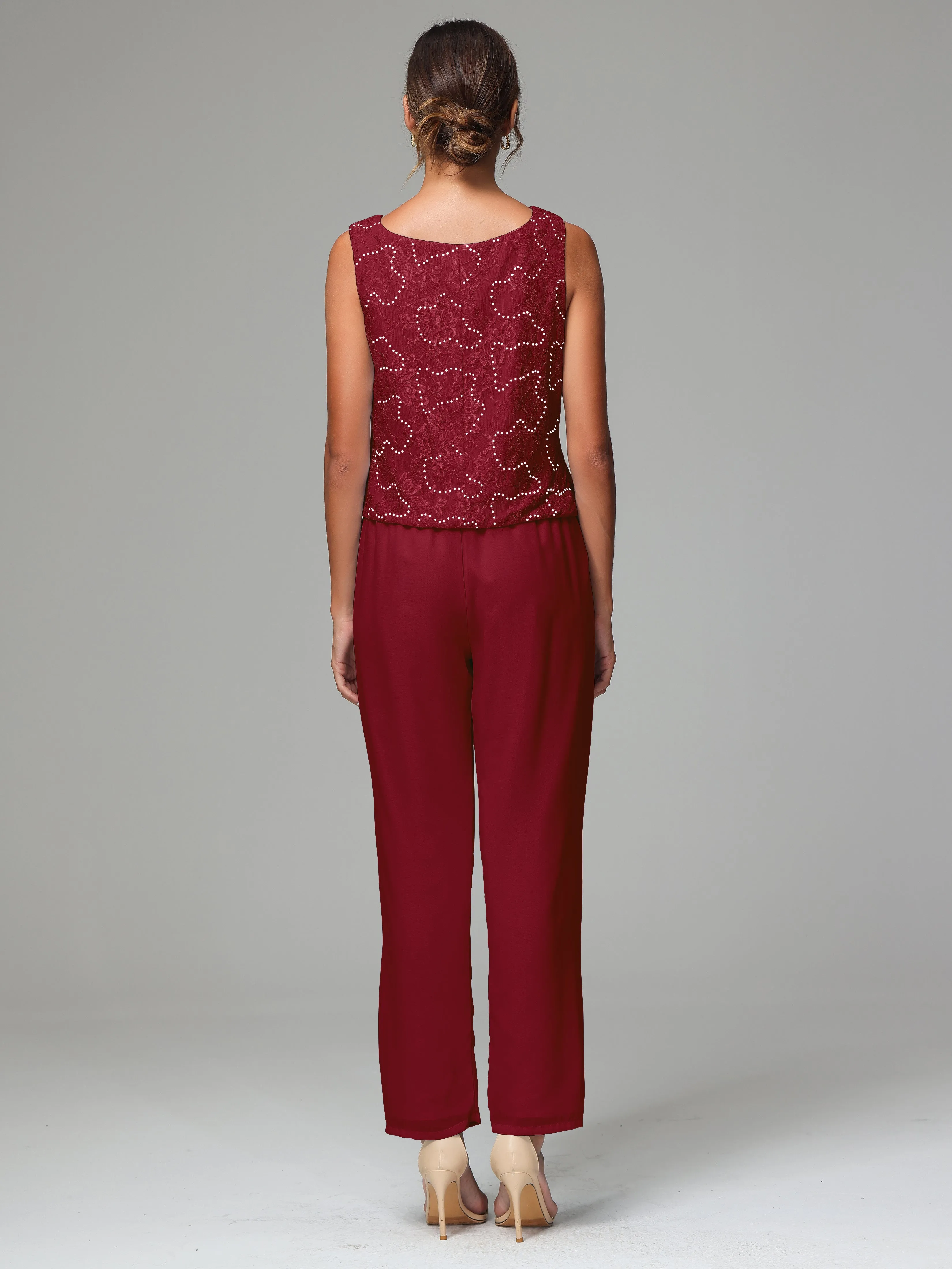 Chic Chiffon Lace 3 Pieces Long Sleeves Mother Of The Bride Dress Pants Suits