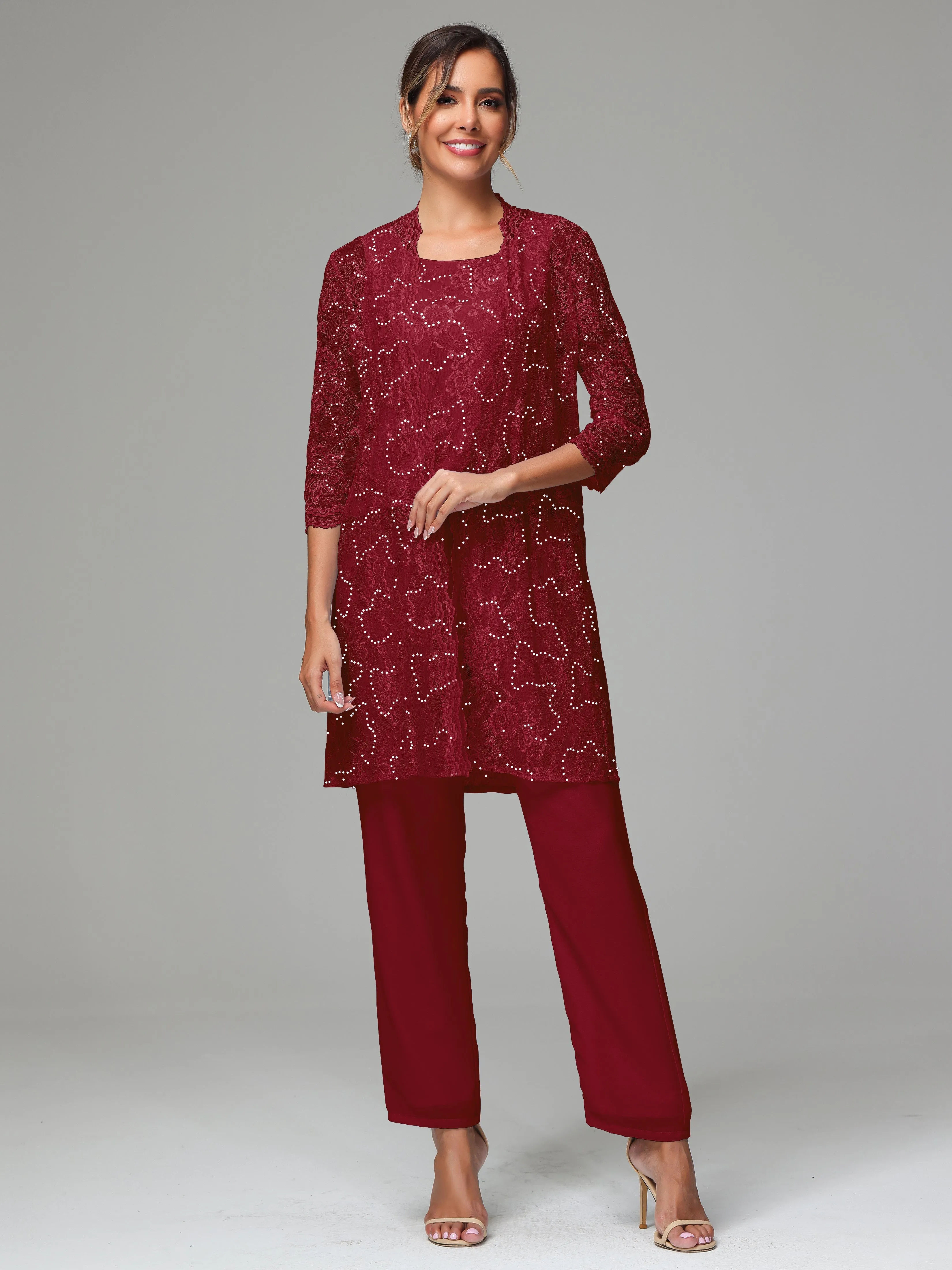 Chic Chiffon Lace 3 Pieces Long Sleeves Mother Of The Bride Dress Pants Suits