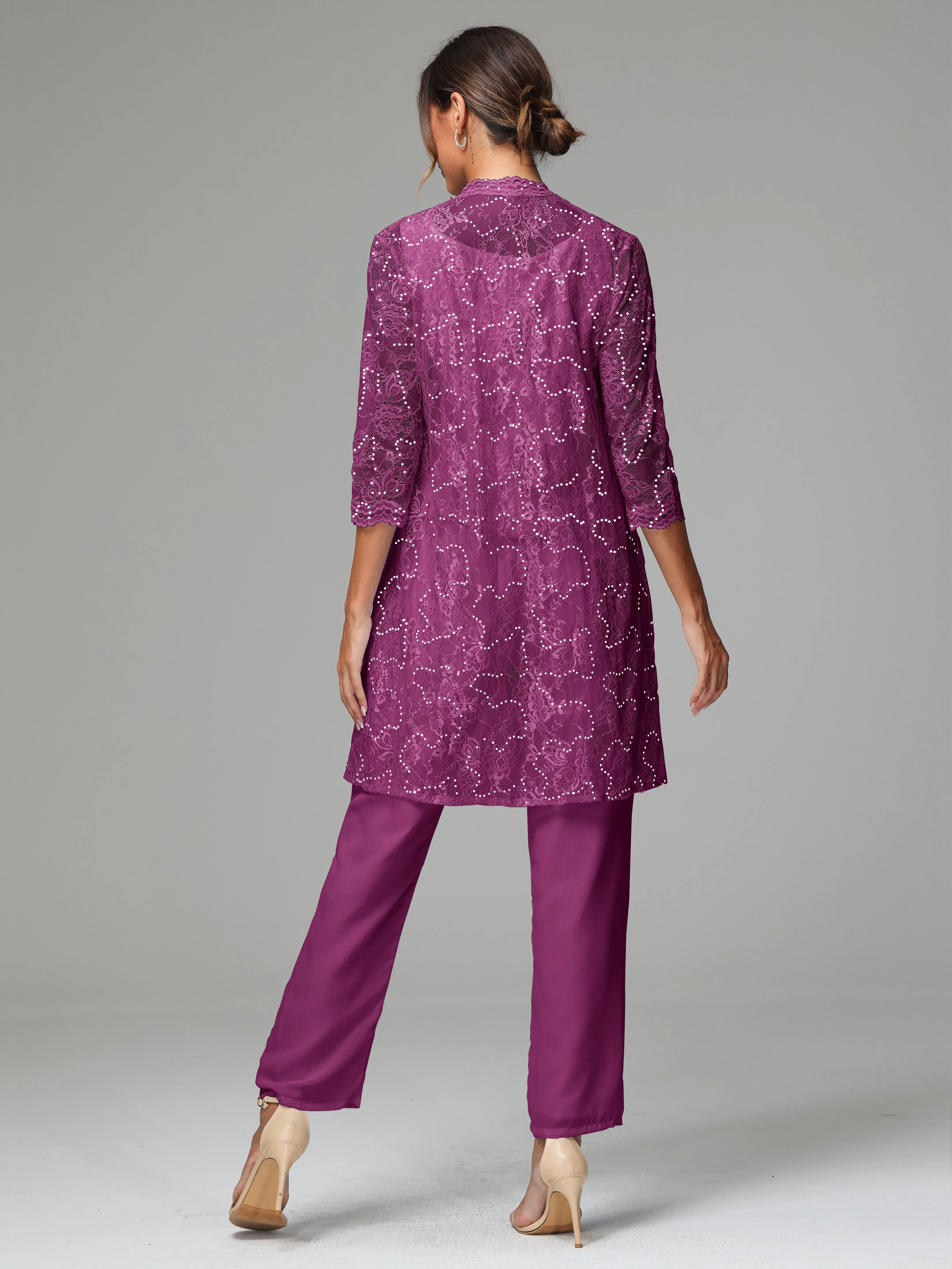 Chic Chiffon Lace 3 Pieces Long Sleeves Mother Of The Bride Dress Pants Suits