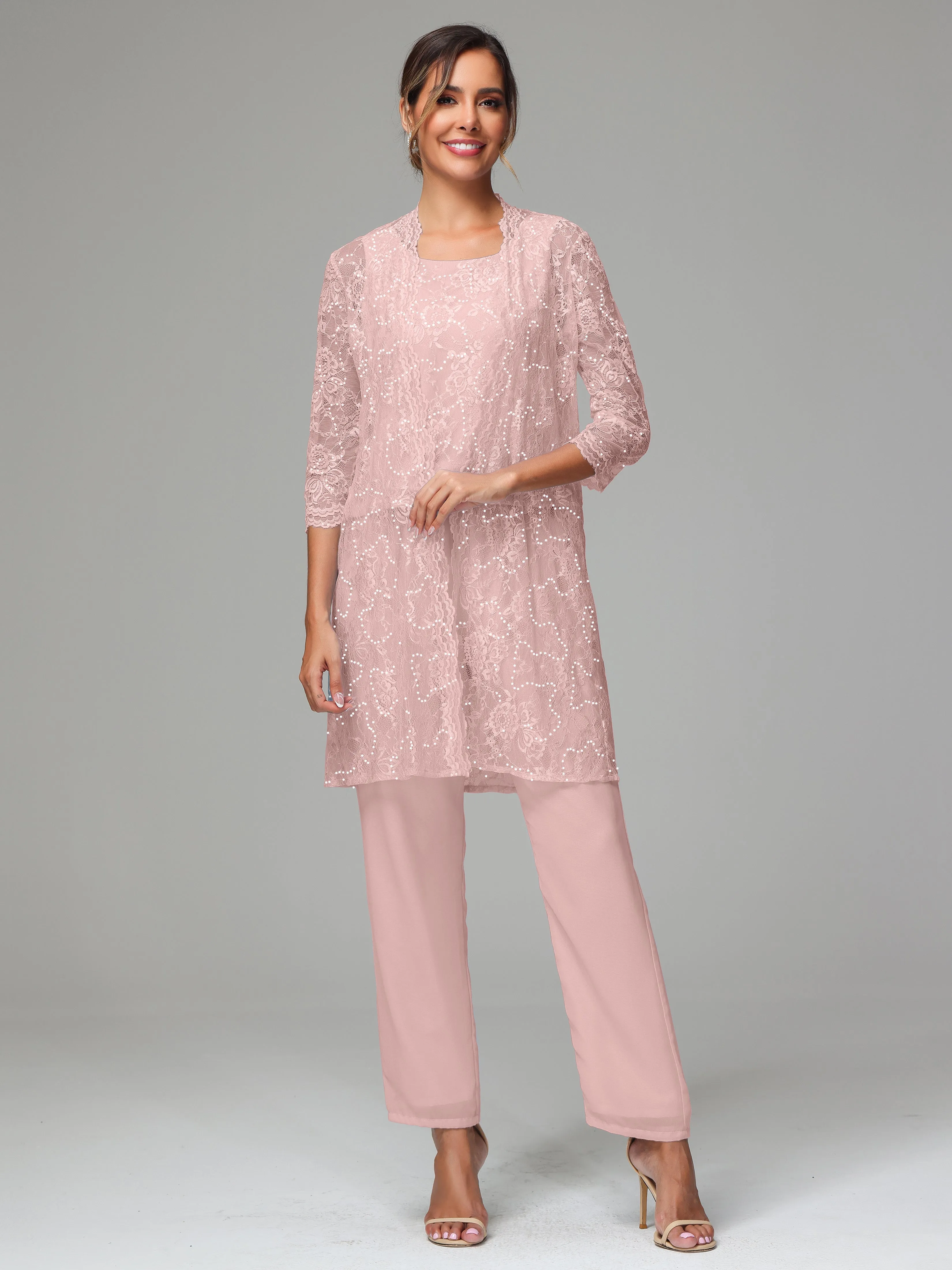 Chic Chiffon Lace 3 Pieces Long Sleeves Mother Of The Bride Dress Pants Suits