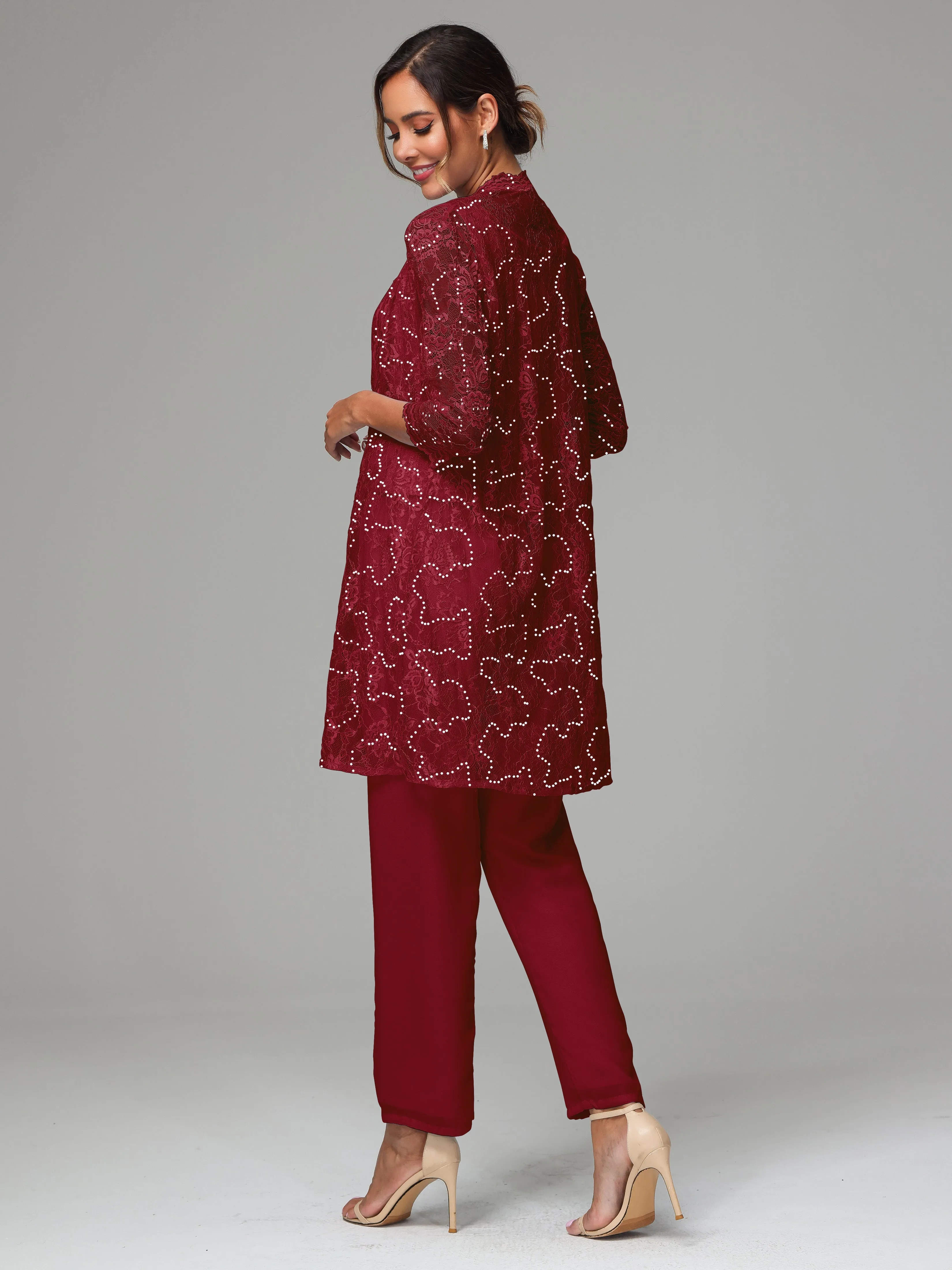 Chic Chiffon Lace 3 Pieces Long Sleeves Mother Of The Bride Dress Pants Suits