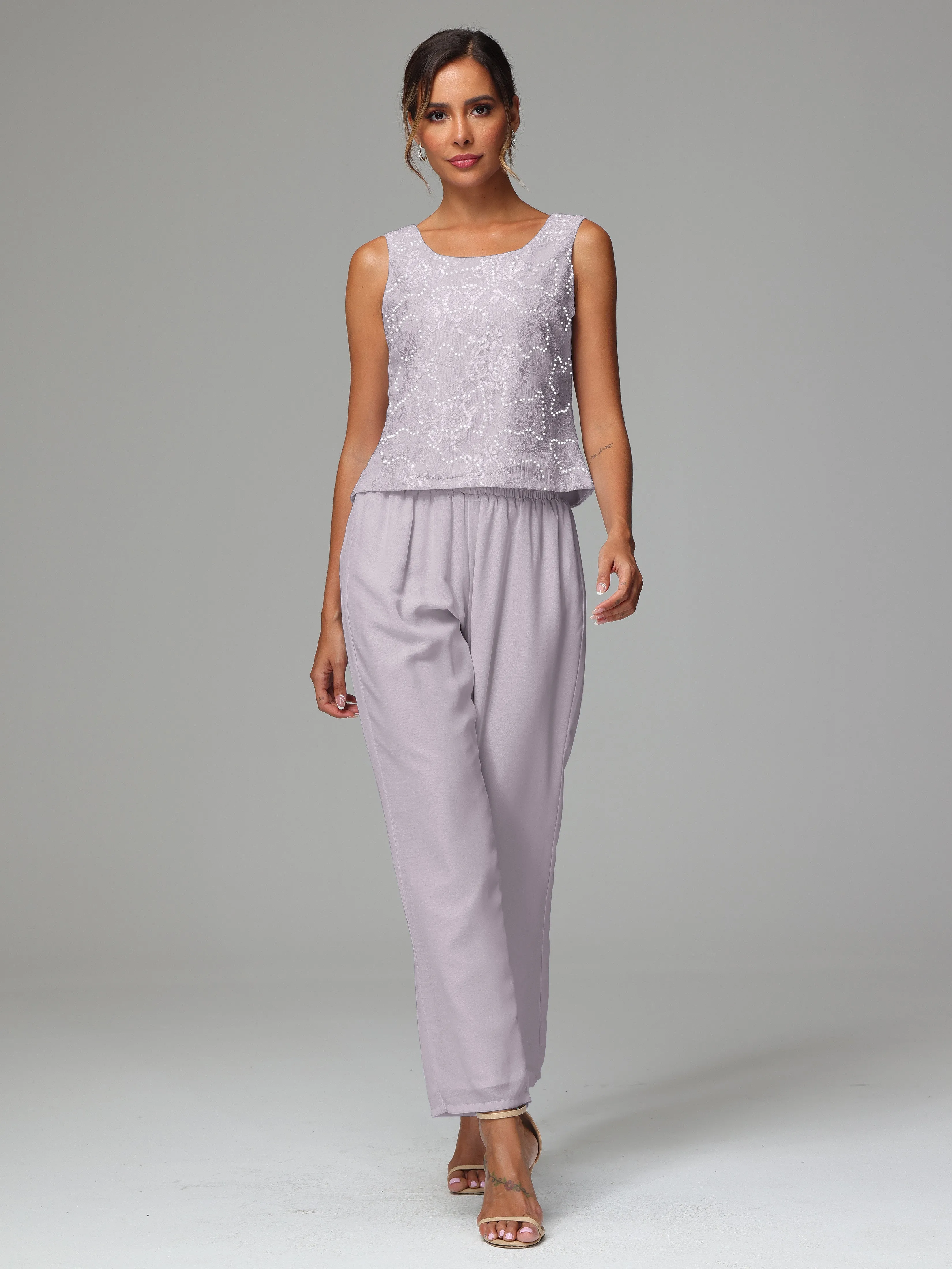 Chic Chiffon Lace 3 Pieces Long Sleeves Mother Of The Bride Dress Pants Suits