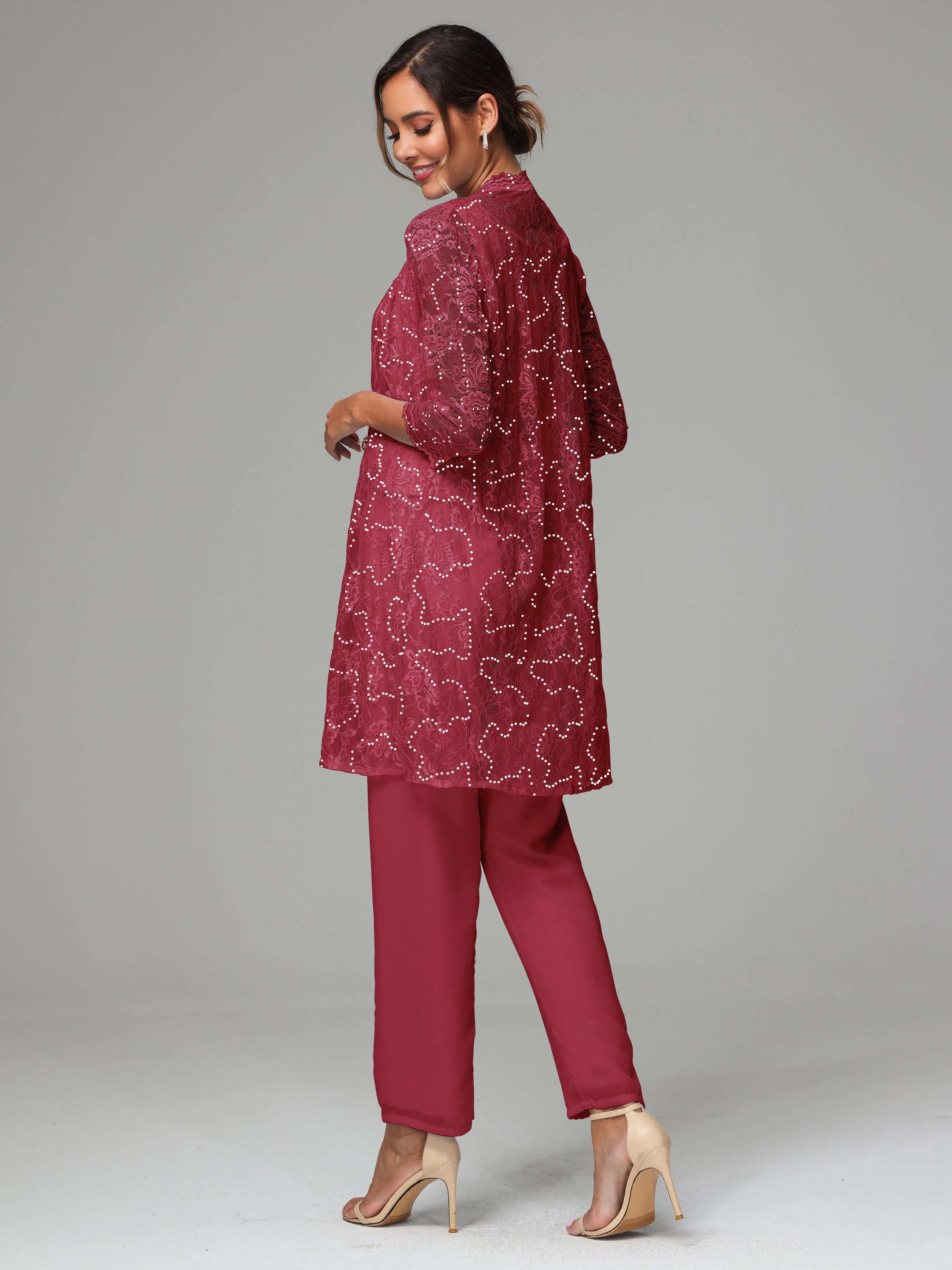 Chic Chiffon Lace 3 Pieces Long Sleeves Mother Of The Bride Dress Pants Suits