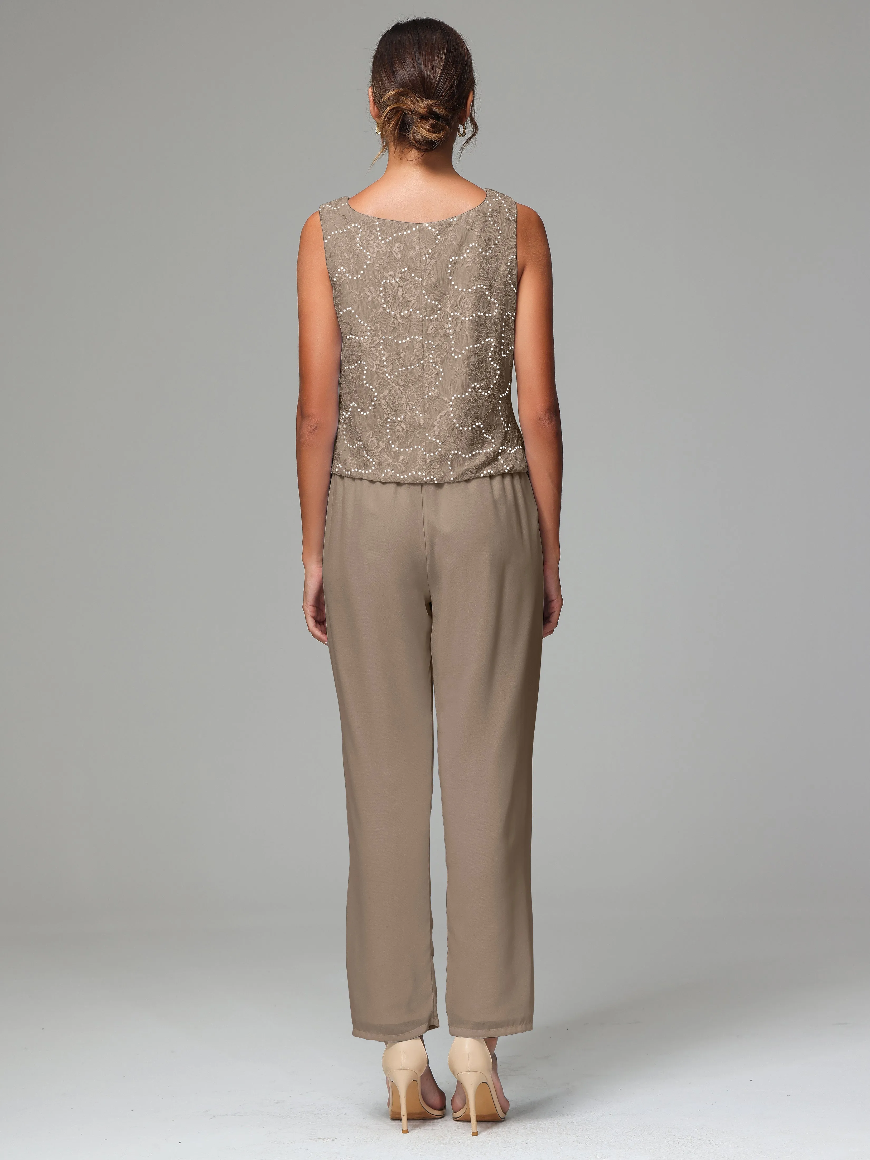 Chic Chiffon Lace 3 Pieces Long Sleeves Mother Of The Bride Dress Pants Suits