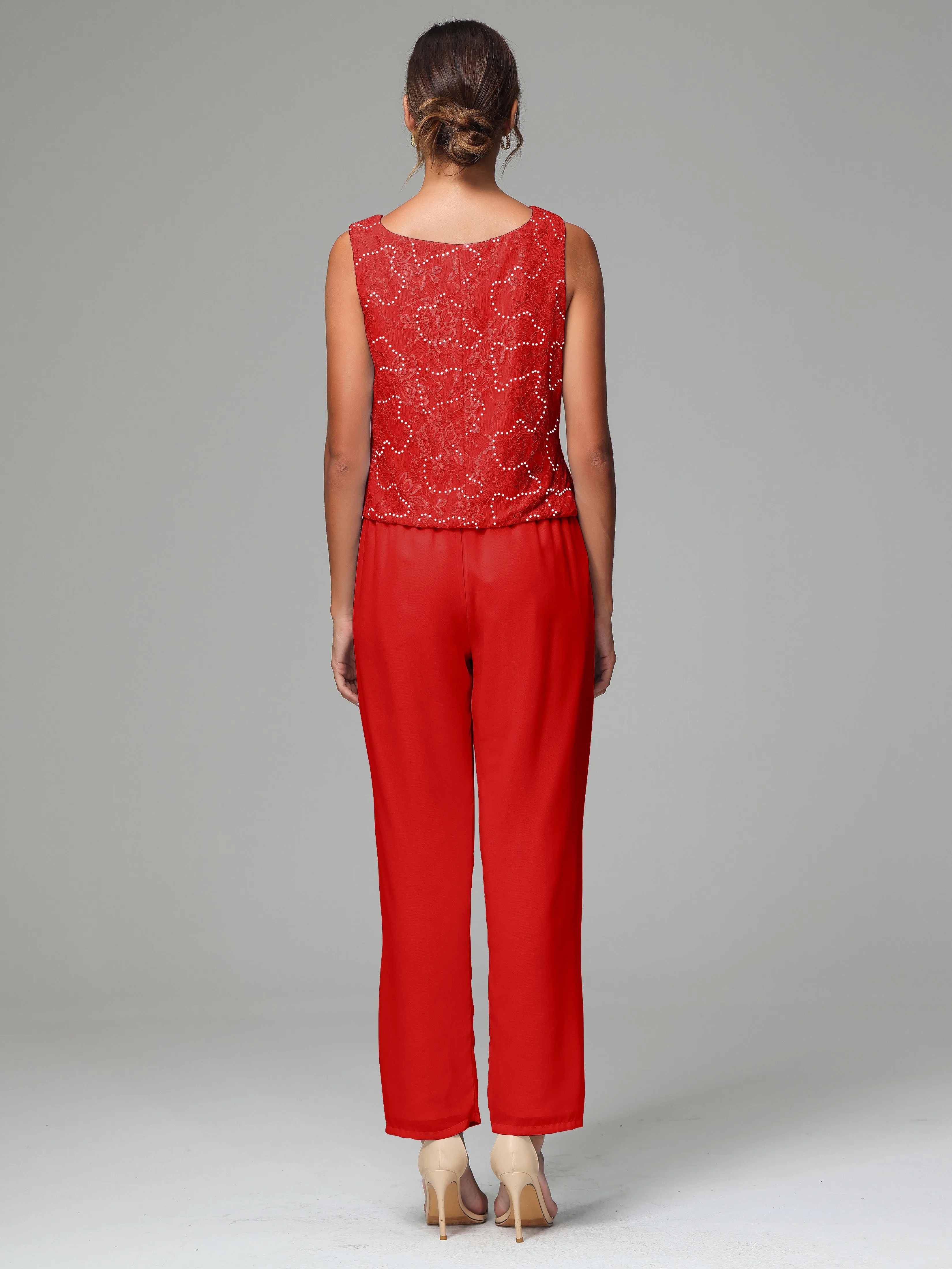 Chic Chiffon Lace 3 Pieces Long Sleeves Mother Of The Bride Dress Pants Suits
