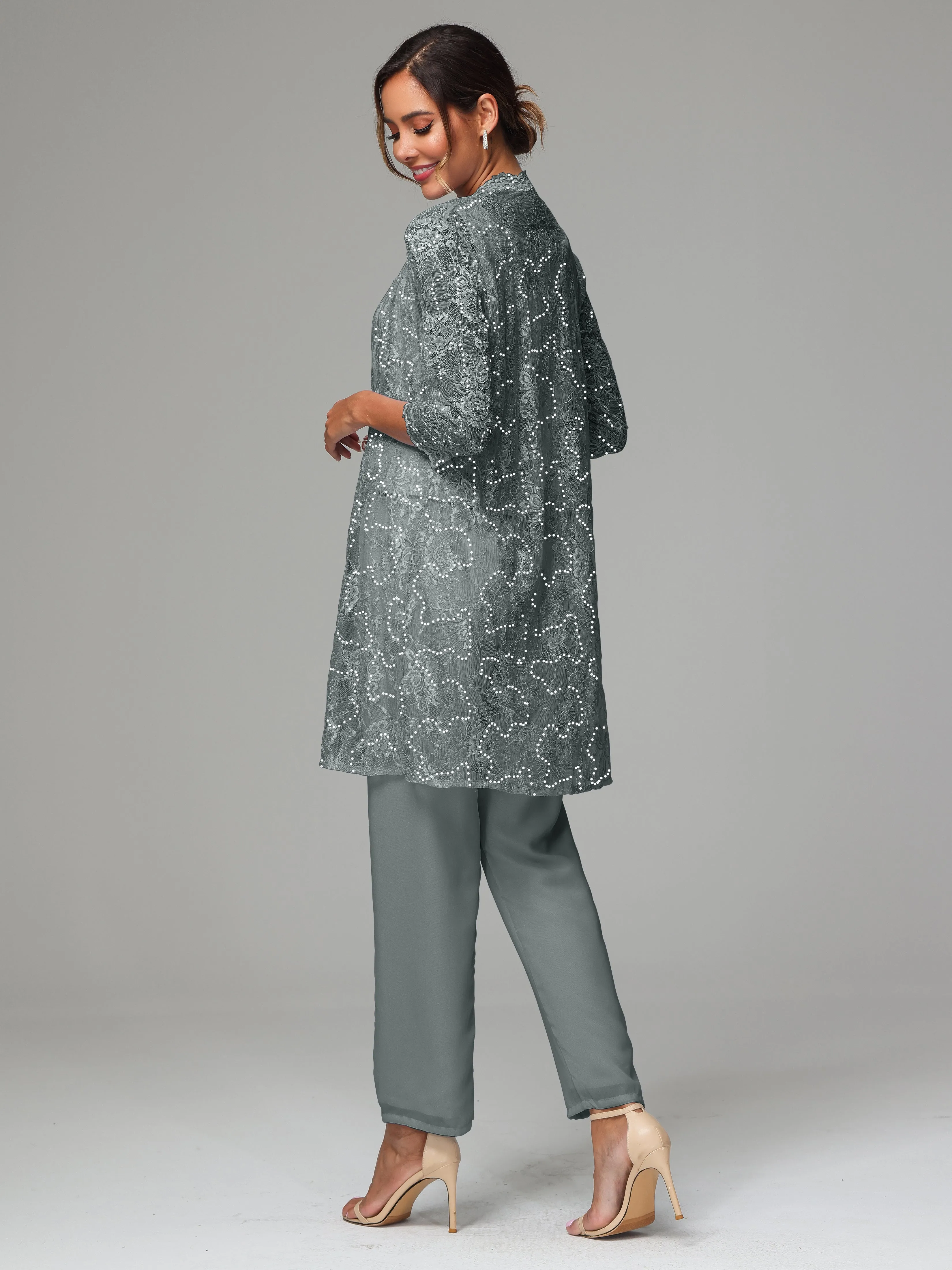 Chic Chiffon Lace 3 Pieces Long Sleeves Mother Of The Bride Dress Pants Suits