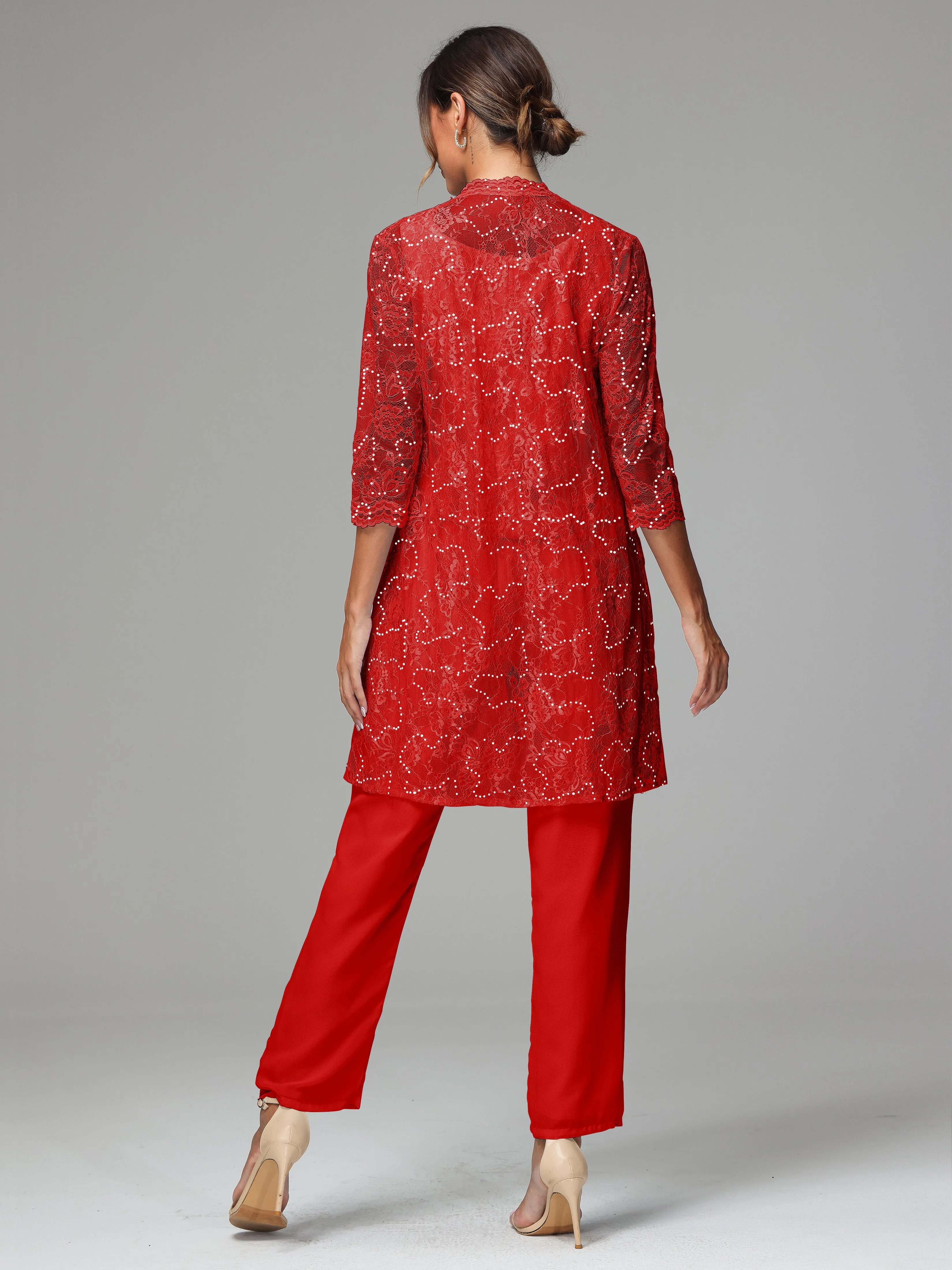 Chic Chiffon Lace 3 Pieces Long Sleeves Mother Of The Bride Dress Pants Suits