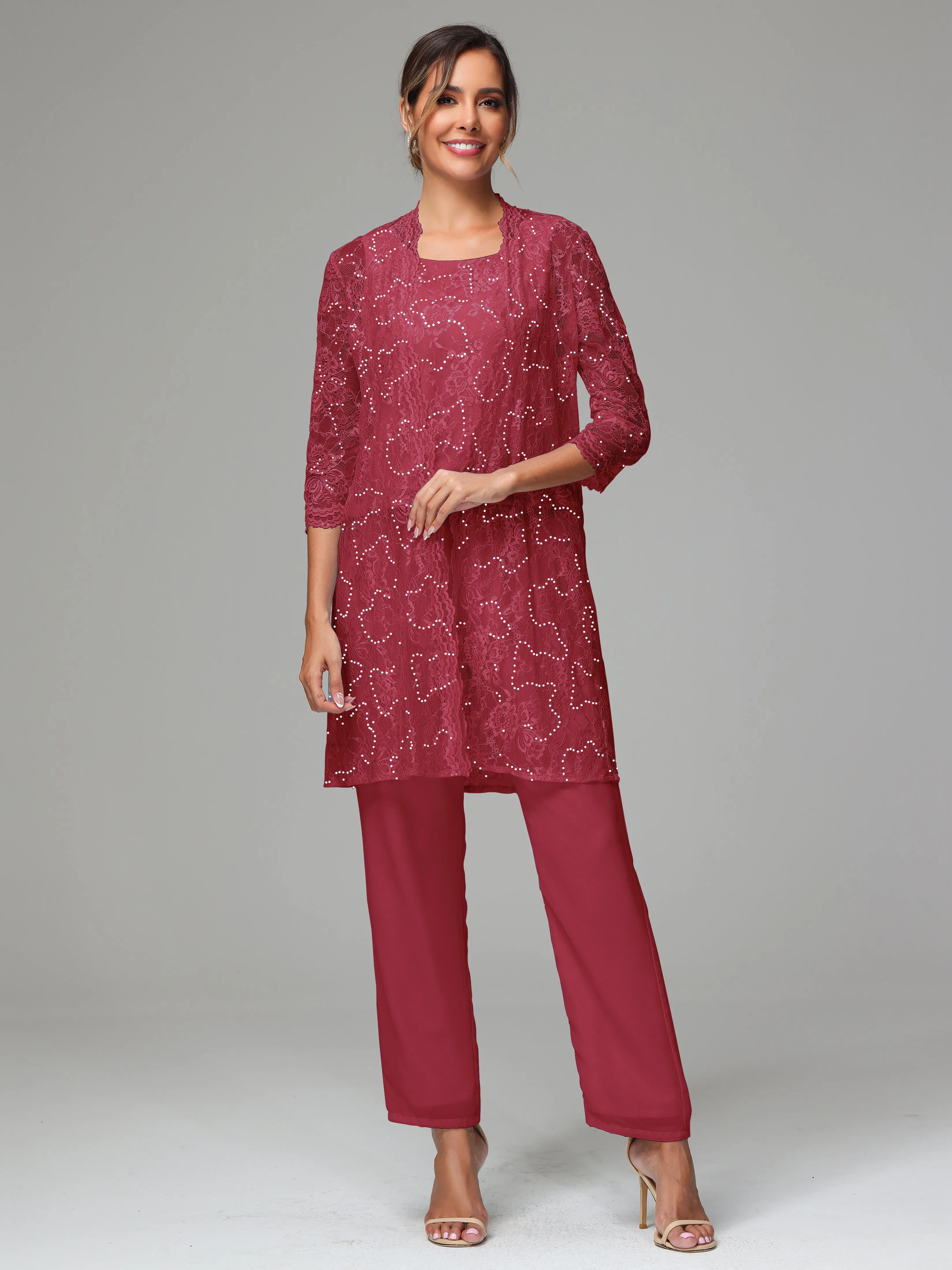 Chic Chiffon Lace 3 Pieces Long Sleeves Mother Of The Bride Dress Pants Suits