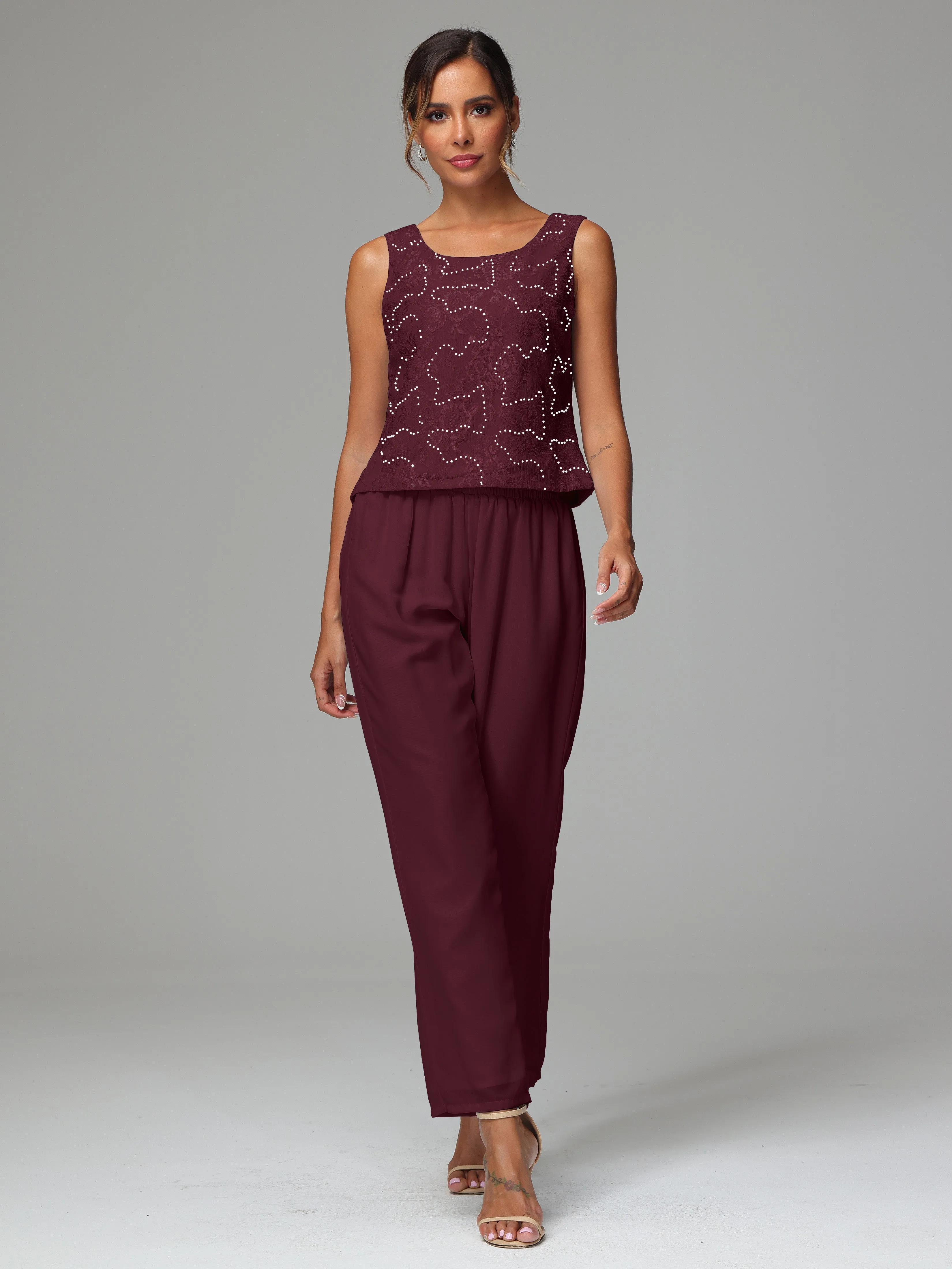 Chic Chiffon Lace 3 Pieces Long Sleeves Mother Of The Bride Dress Pants Suits
