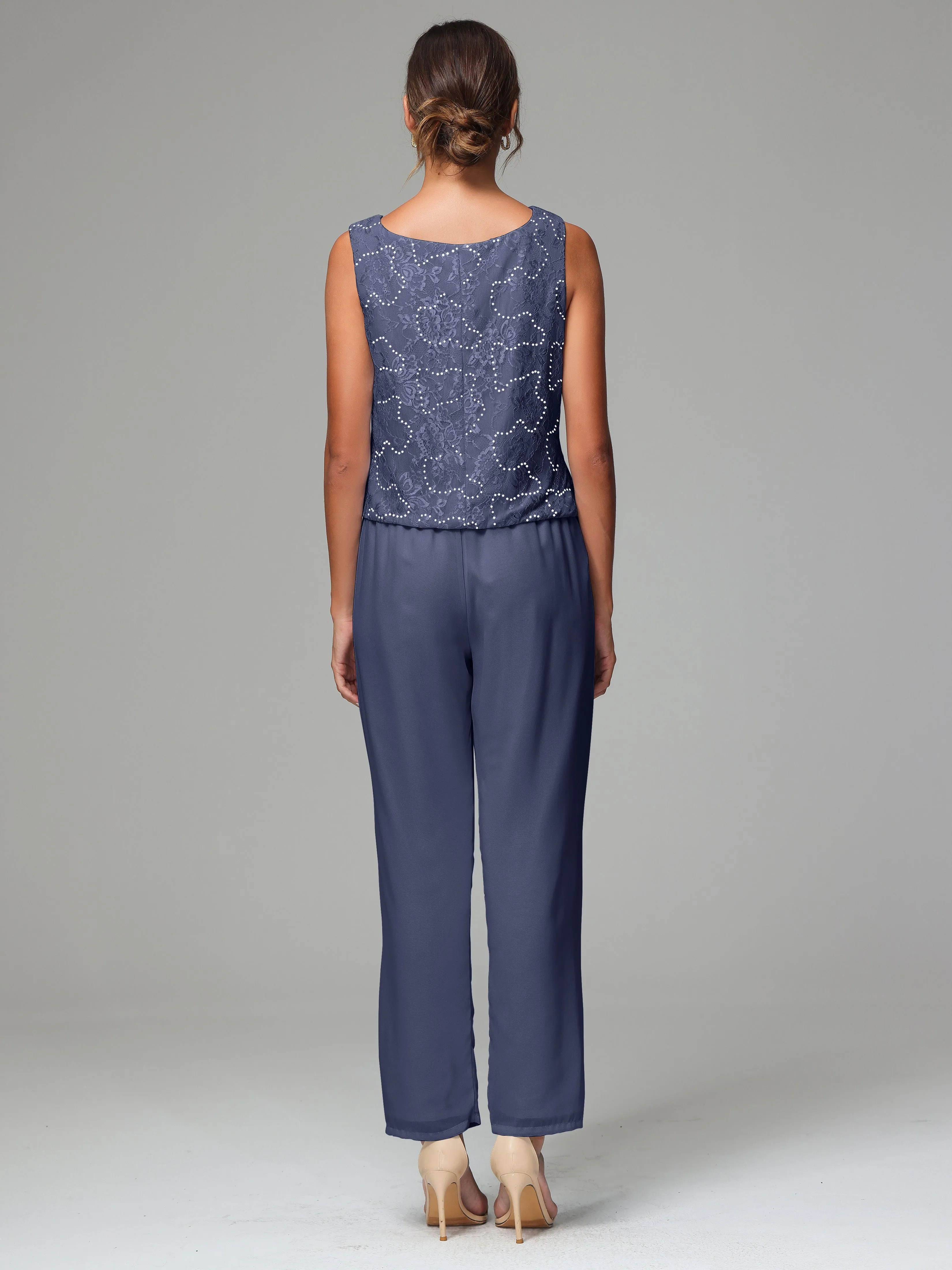 Chic Chiffon Lace 3 Pieces Long Sleeves Mother Of The Bride Dress Pants Suits