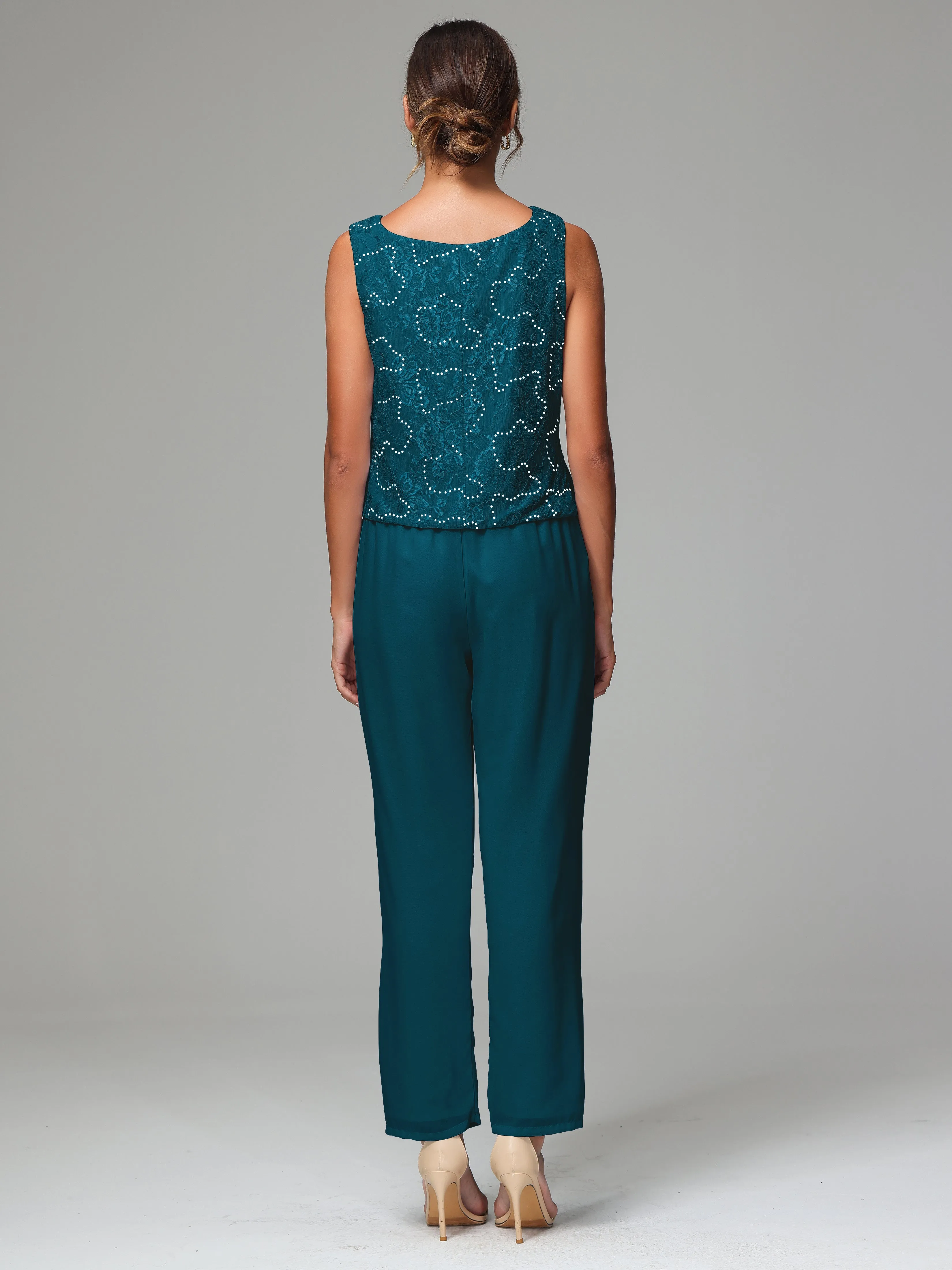Chic Chiffon Lace 3 Pieces Long Sleeves Mother Of The Bride Dress Pants Suits