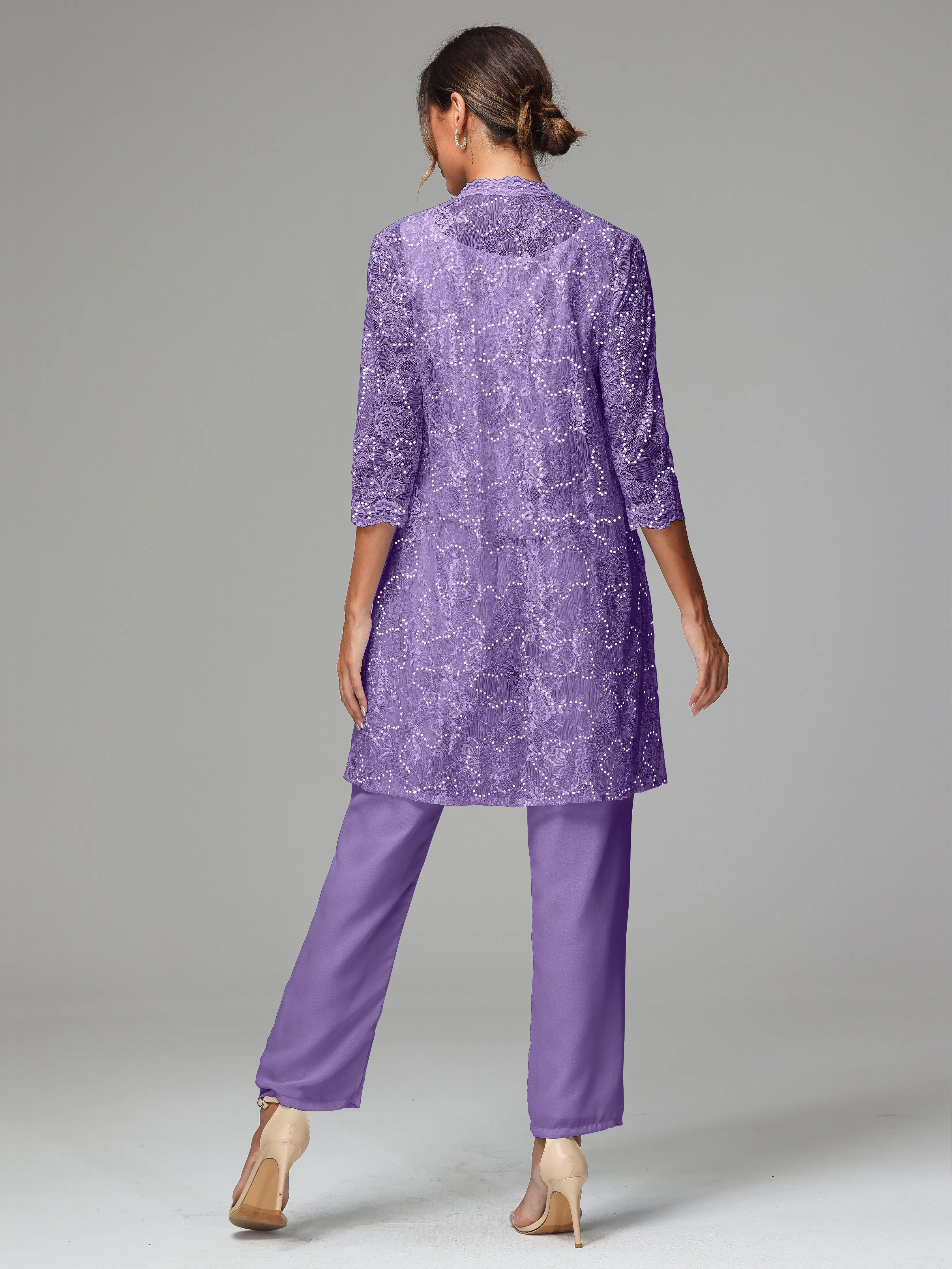Chic Chiffon Lace 3 Pieces Long Sleeves Mother Of The Bride Dress Pants Suits