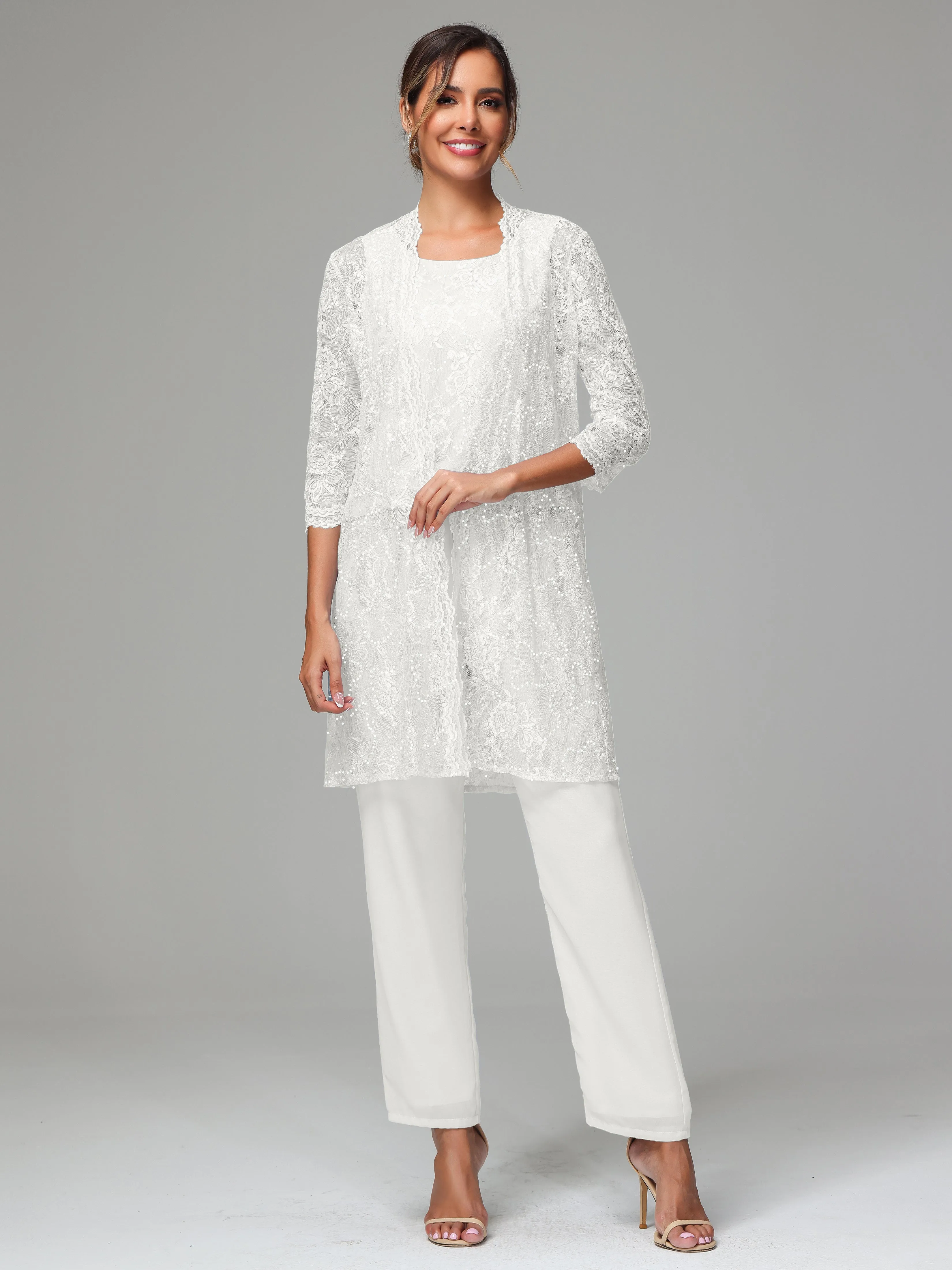 Chic Chiffon Lace 3 Pieces Long Sleeves Mother Of The Bride Dress Pants Suits